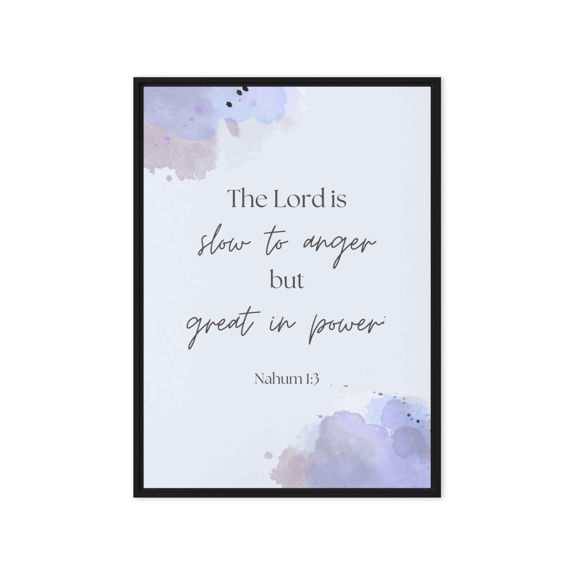 Nahum 1:3 Bible Verse, great in power Framed Canvas Print Wall Art Black 20″×28″