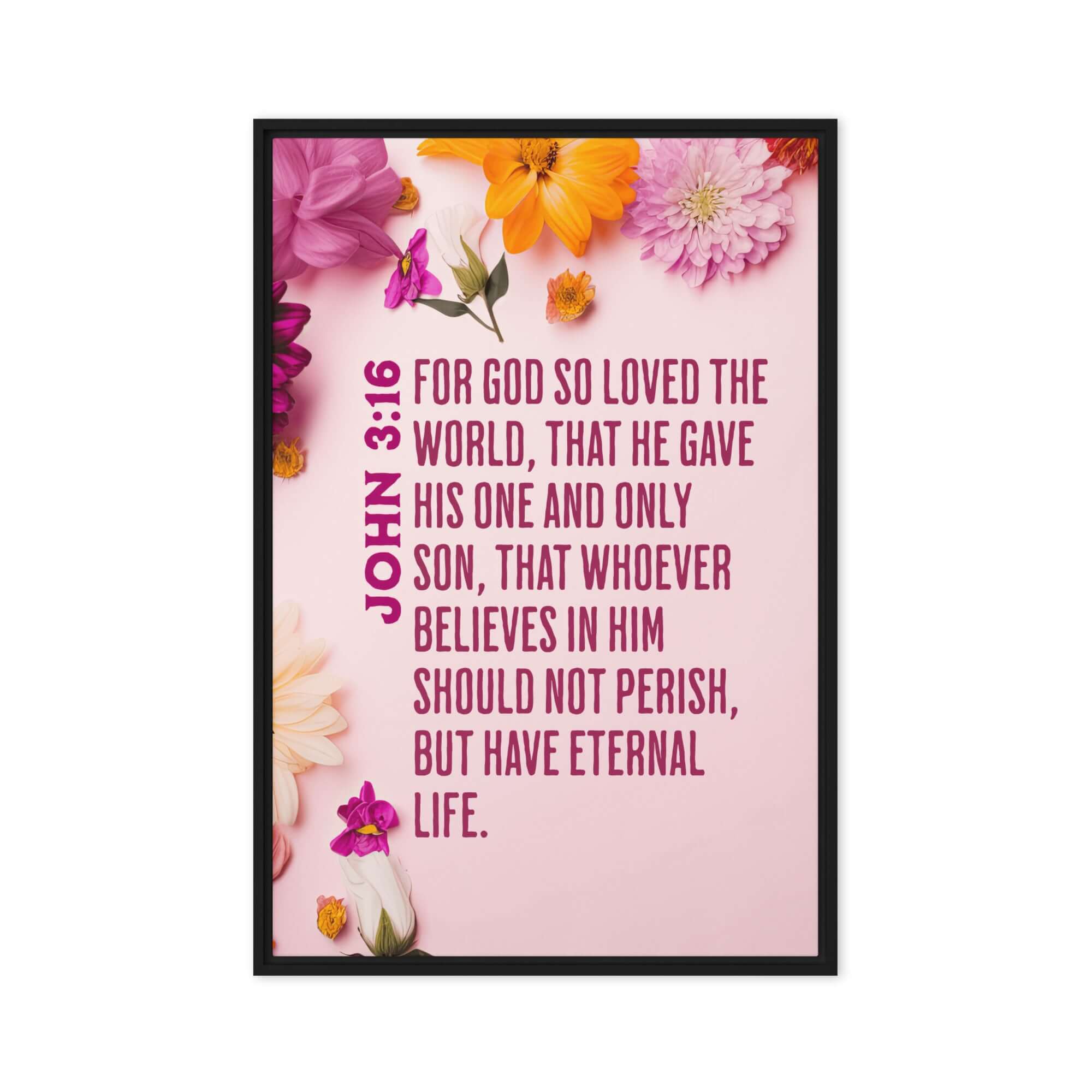 John 3:16 Bible Verse, For God So Loved Framed Canvas Print Wall Art Black 20″×30″