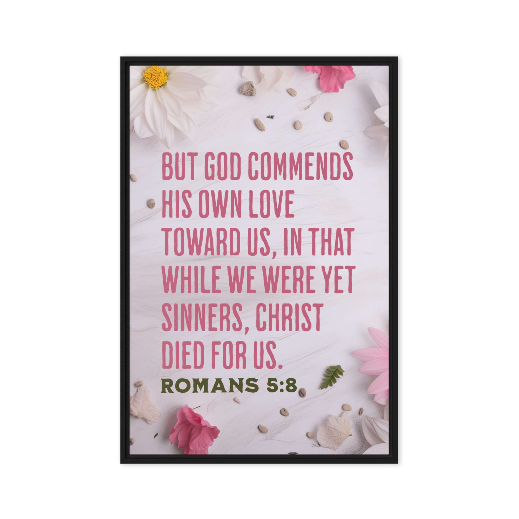 Romans 5:8 Bible Verse, Christ Died for Us Framed Canvas Print Wall Art Black 20″×30″