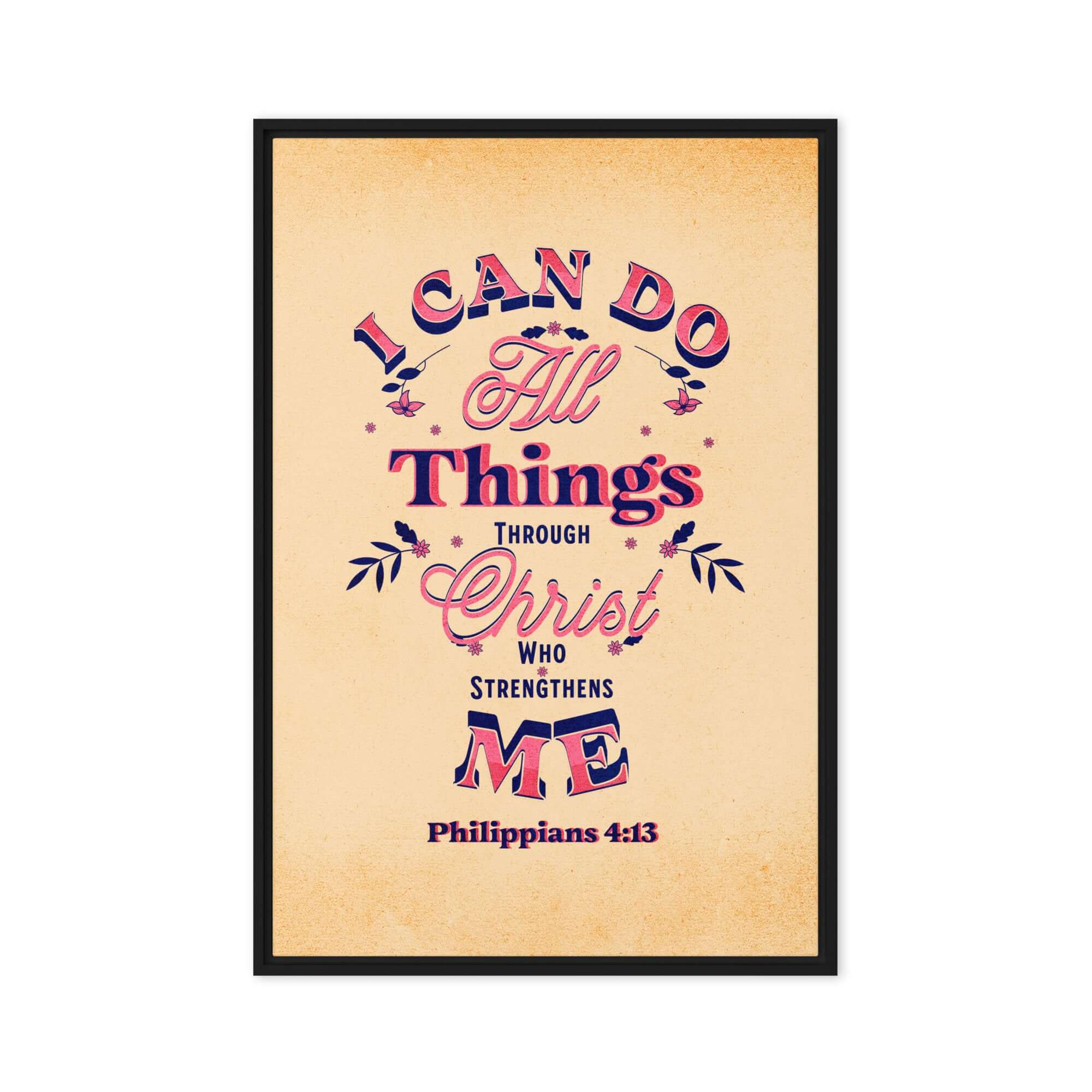 Philippians 4:13 Bible Verse, Christ Strengthens Me Framed Canvas Print Wall Art Black 20″×30″
