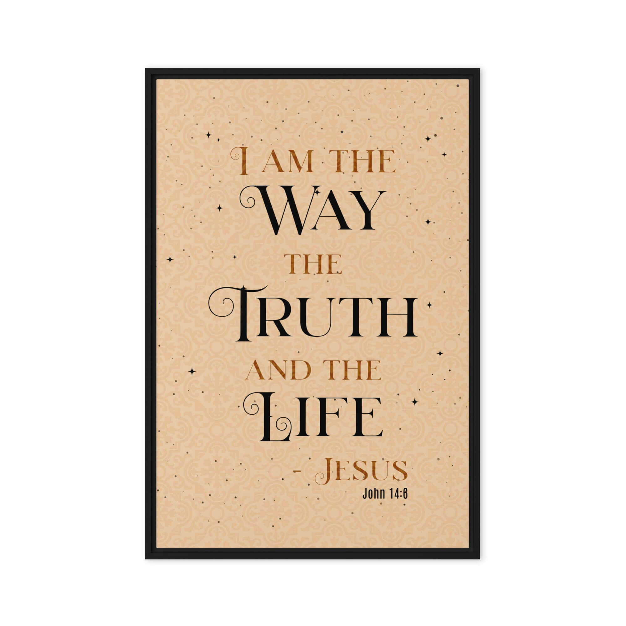 John 14:6 Bible Verse, Color Text Brown Background Framed Canvas Print Wall Art Black 20″×30″
