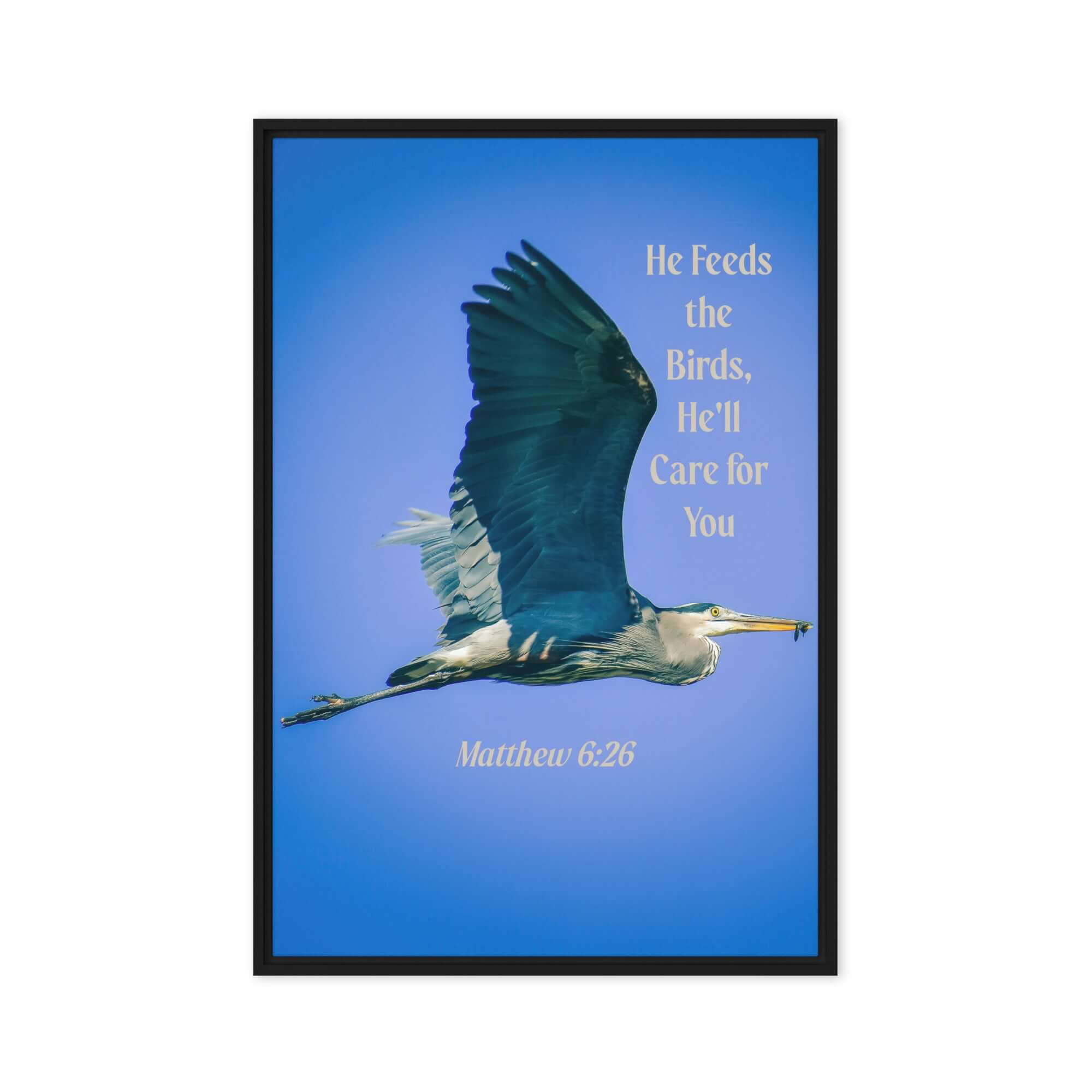 Matthew 6:26 Graceful Heron, He'll Care for You Framed Canvas Print Wall Art Black 20″×30″