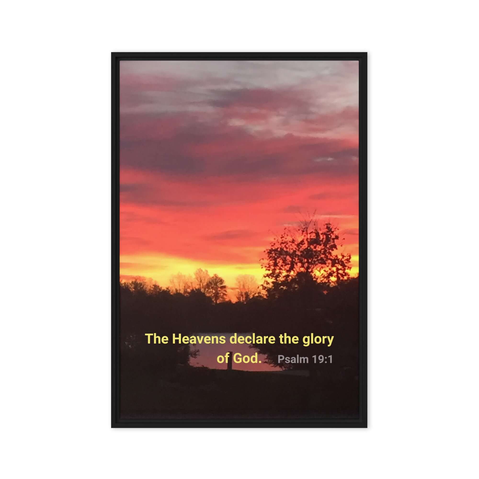 Psalm 19:1 Bible Verse, Sunset Glory Framed Canvas Print Wall Art Black 20″×30″