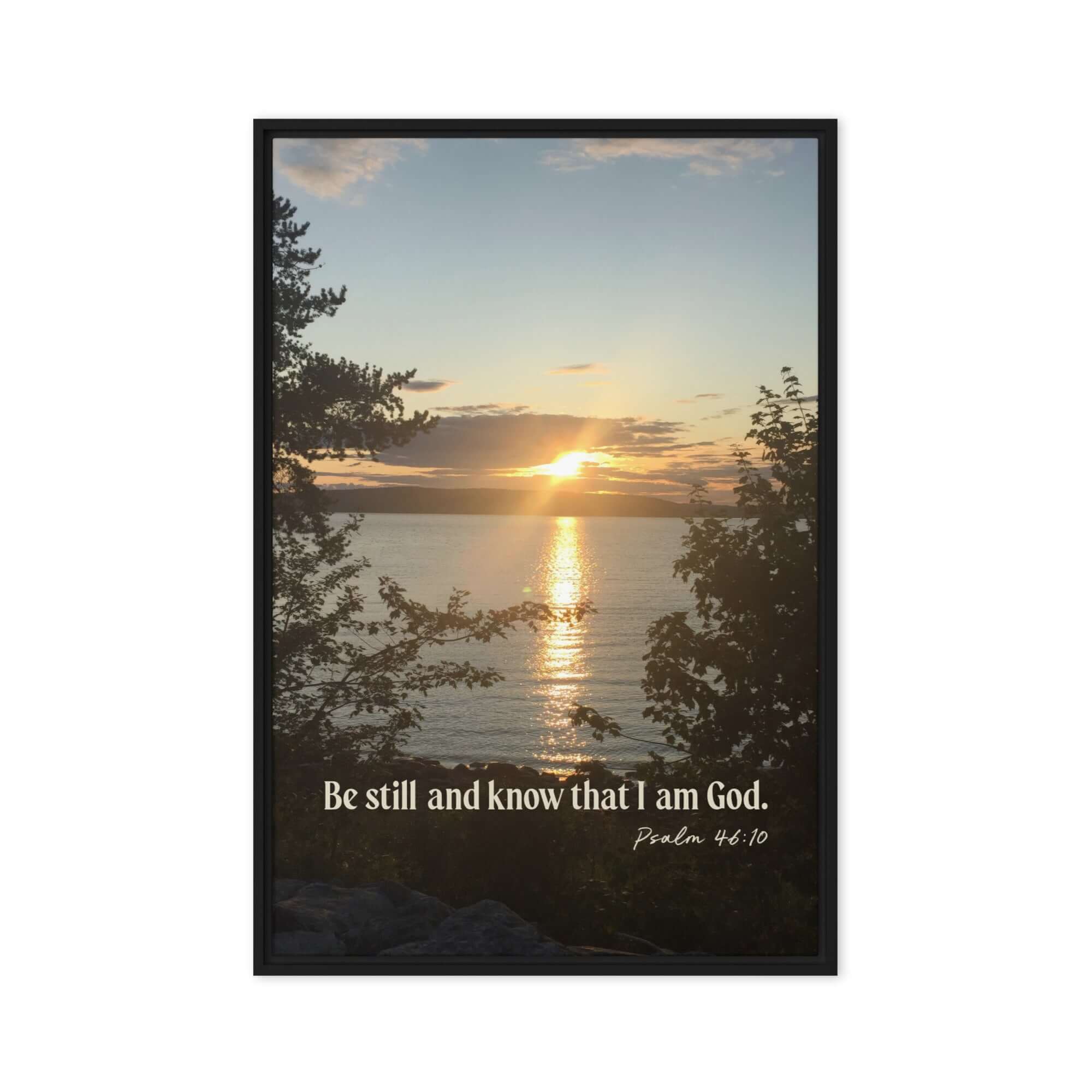 Psalm 46:10 Bible Verse, Sunset Glory Framed Canvas Print Wall Art Black 20″×30″