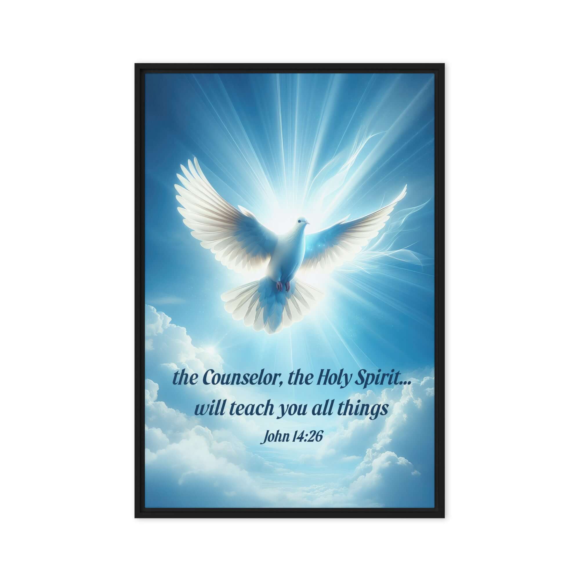 John 14:26 Bible Verse, Holy Spirit Dove Framed Canvas Print Wall Art Black 20″×30″