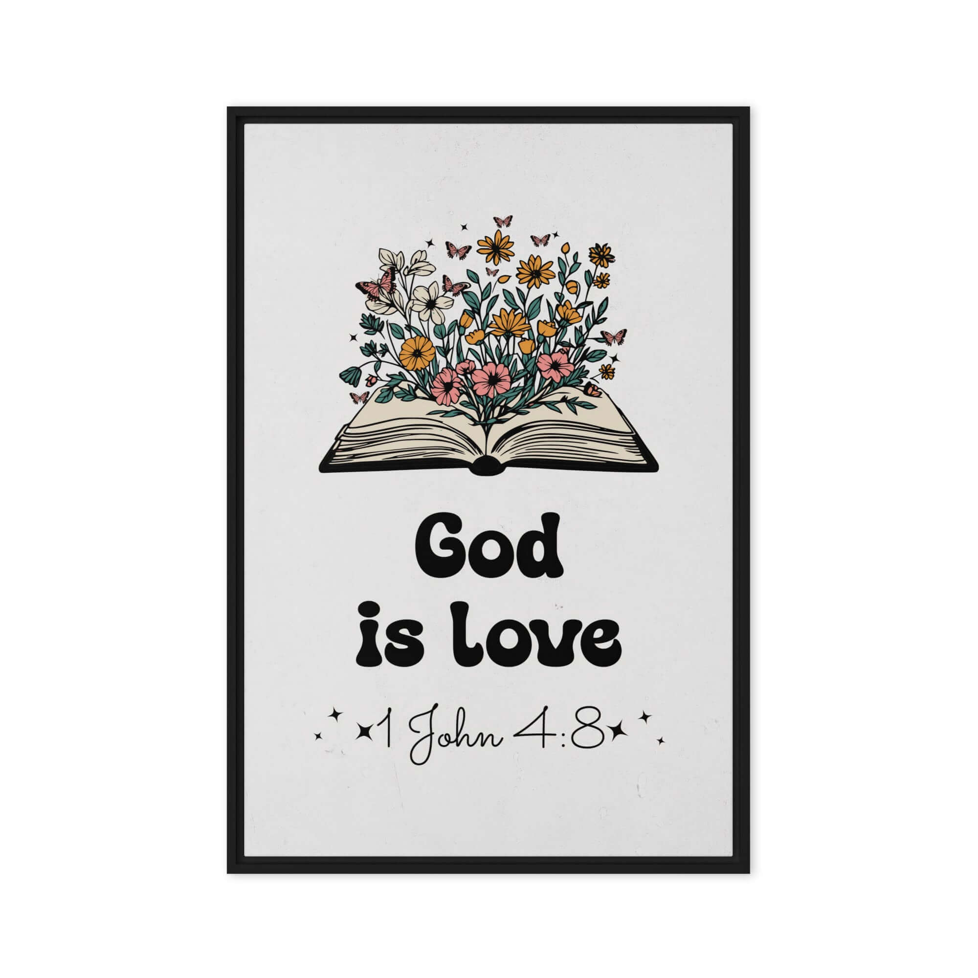 1 John 4:8 Bible Verse, God is Love Framed Canvas Print Wall Art Black 20″×30″