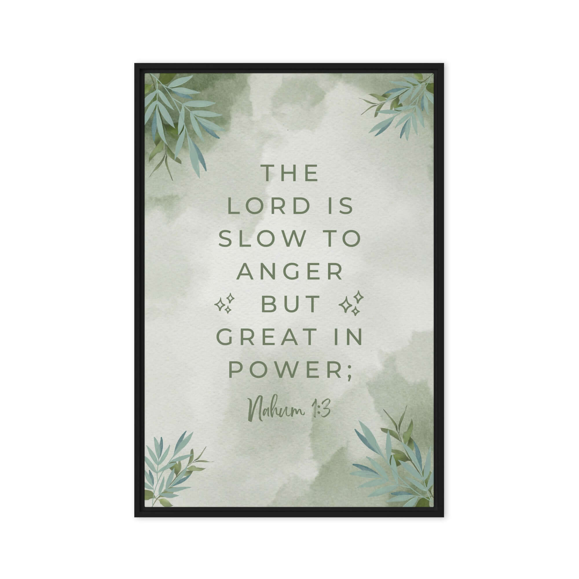 Nahum 1:3 Bible Verse, The Lord is slow Framed Canvas Print Wall Art Black 20″×30″