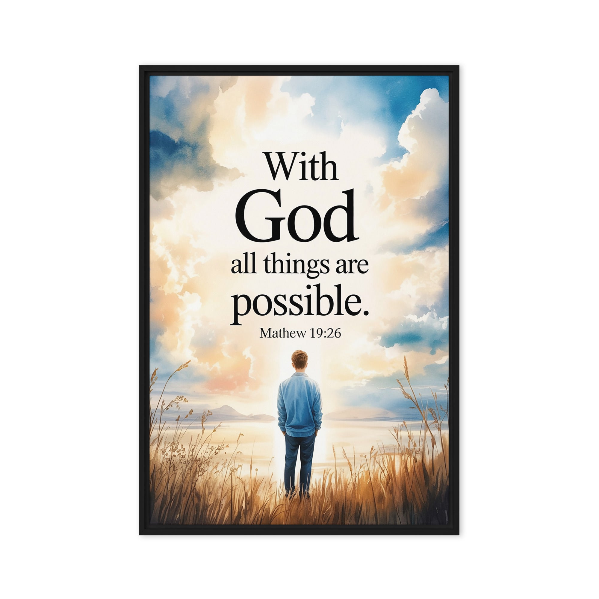 Matthew 19:26 Bible Verse Jesus Framed Canvas Black 20″×30″
