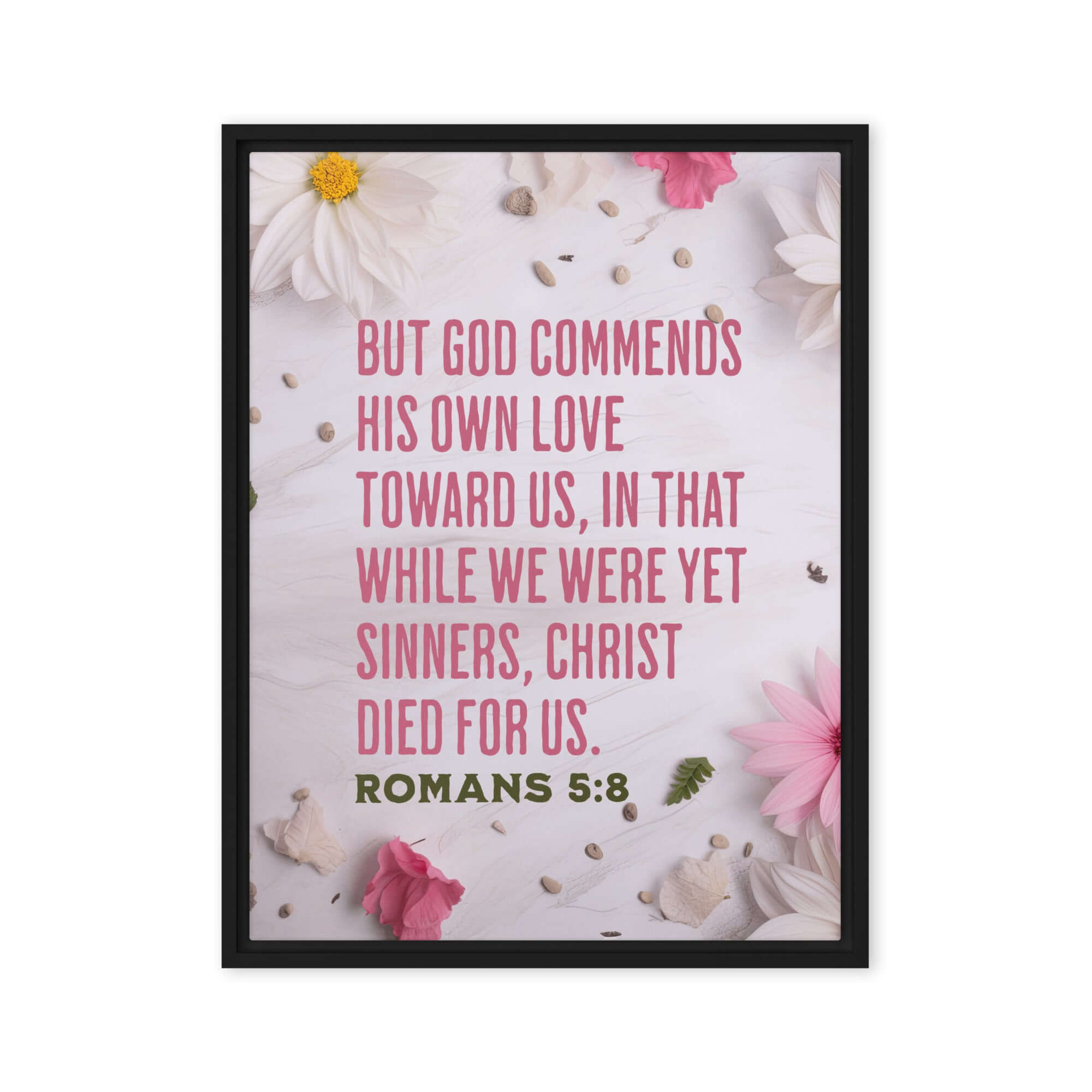 Romans 5:8 Bible Verse, Christ Died for Us Framed Canvas Print Wall Art Black 24″×32″