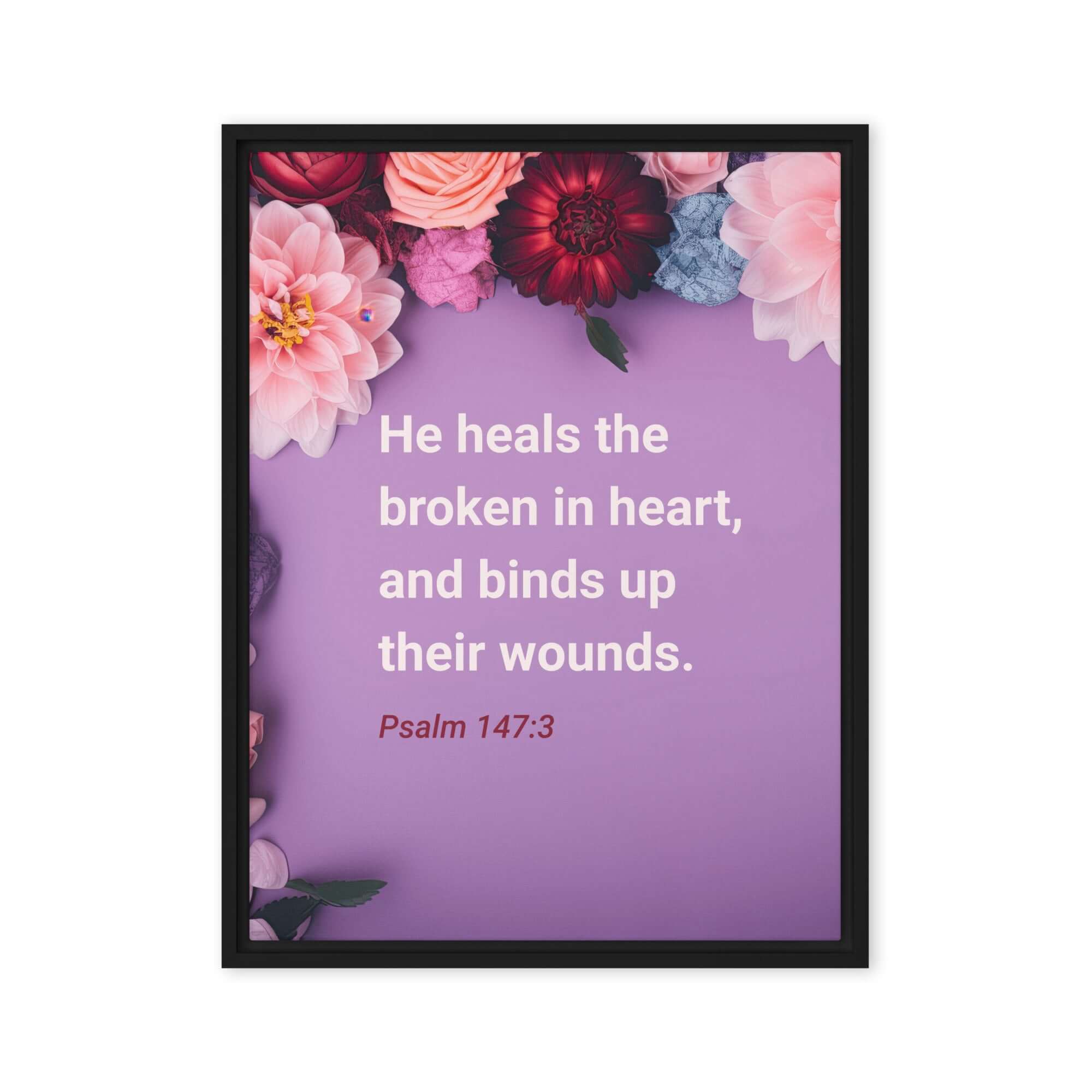 Psalm 147:3 Bible Verse, He heals the broken Framed Canvas Print Wall Art Black 24″×32″