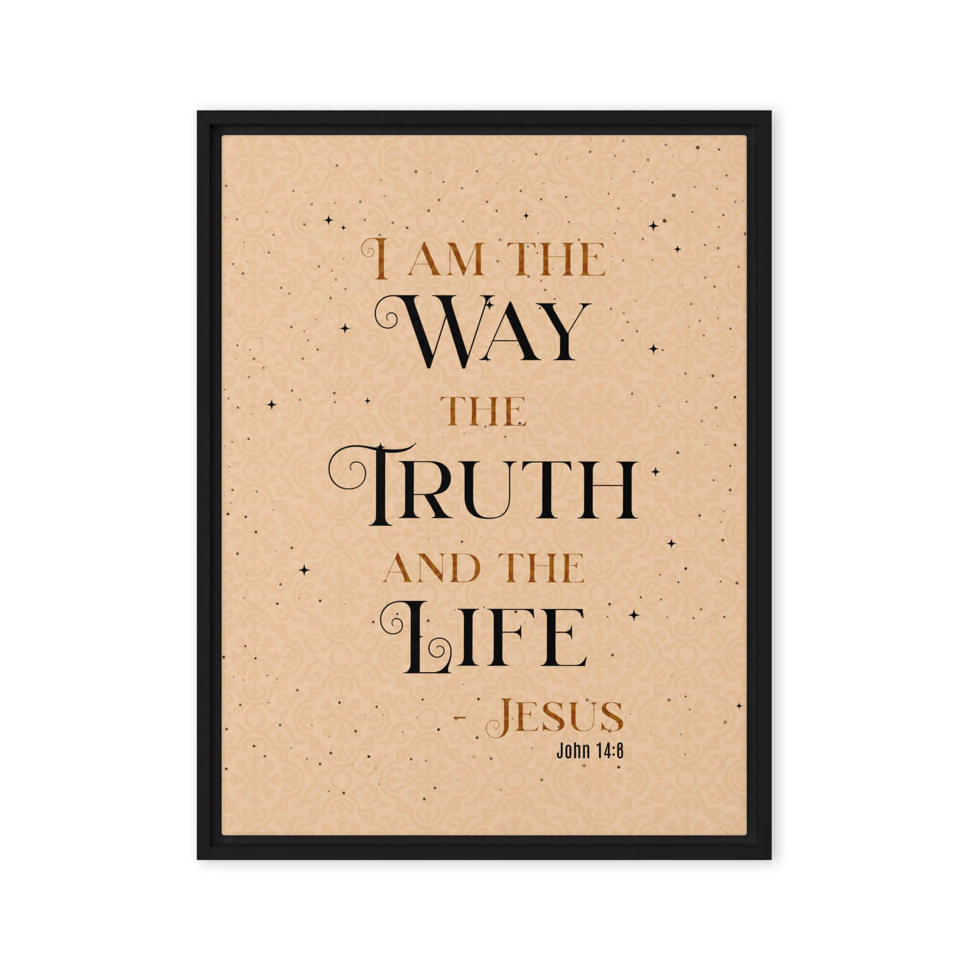 John 14:6 Bible Verse, Color Text Brown Background Framed Canvas Print Wall Art Black 24″×32″