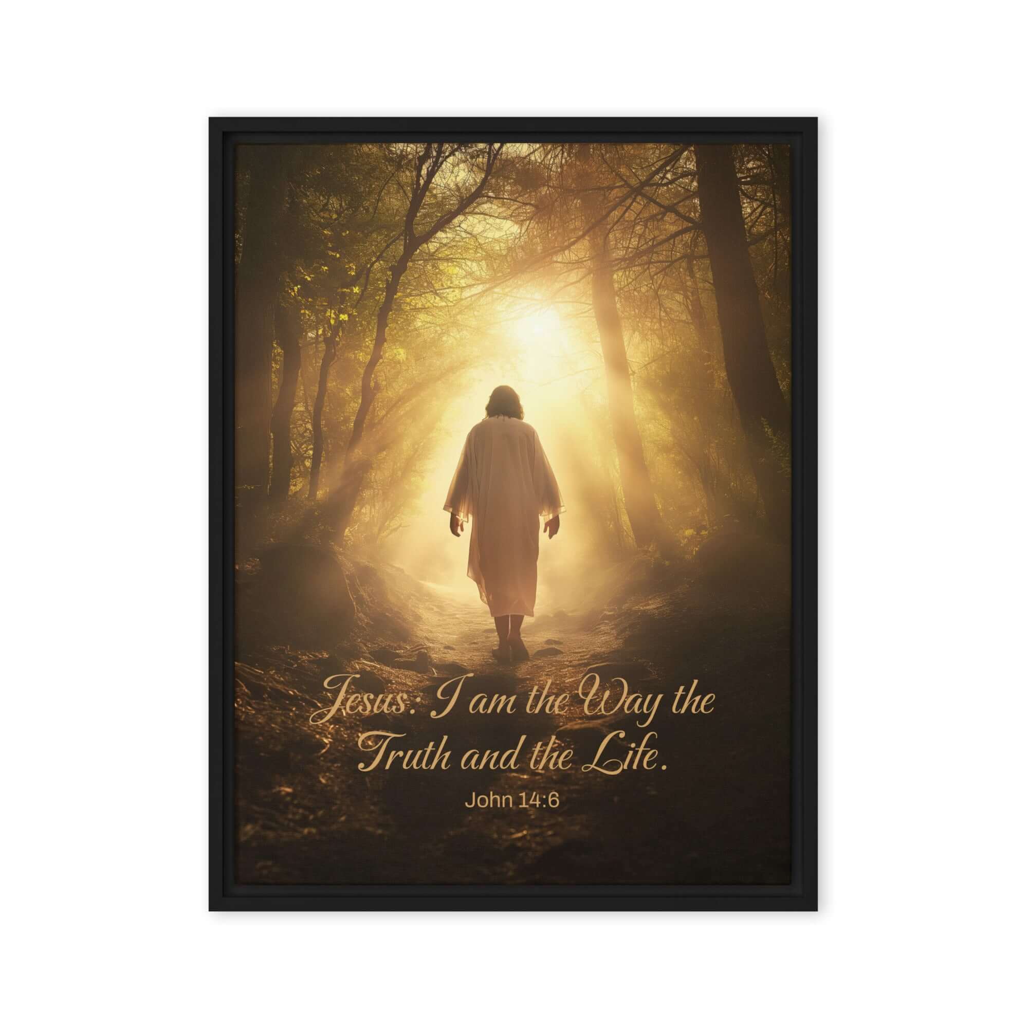 John 14:6 Bible Verse, Forest Image Framed Canvas Print Wall Art Black 24″×32″