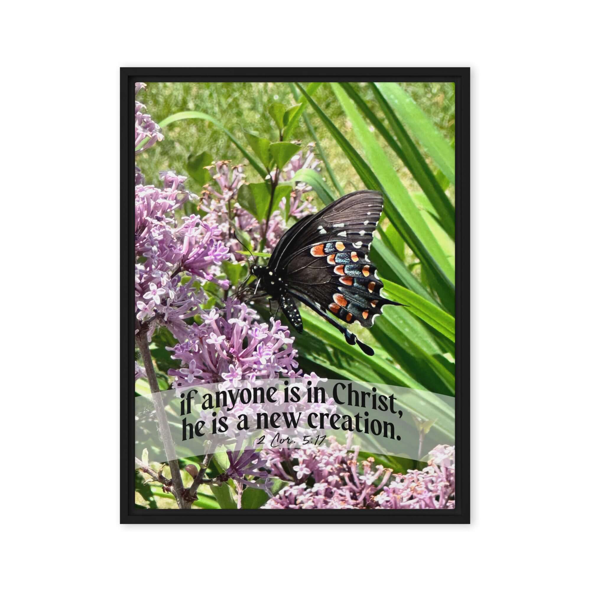 2 Corinthians 5:17 Bible Verse, Butterfly Framed Canvas Print Wall Art Black 24″×32″