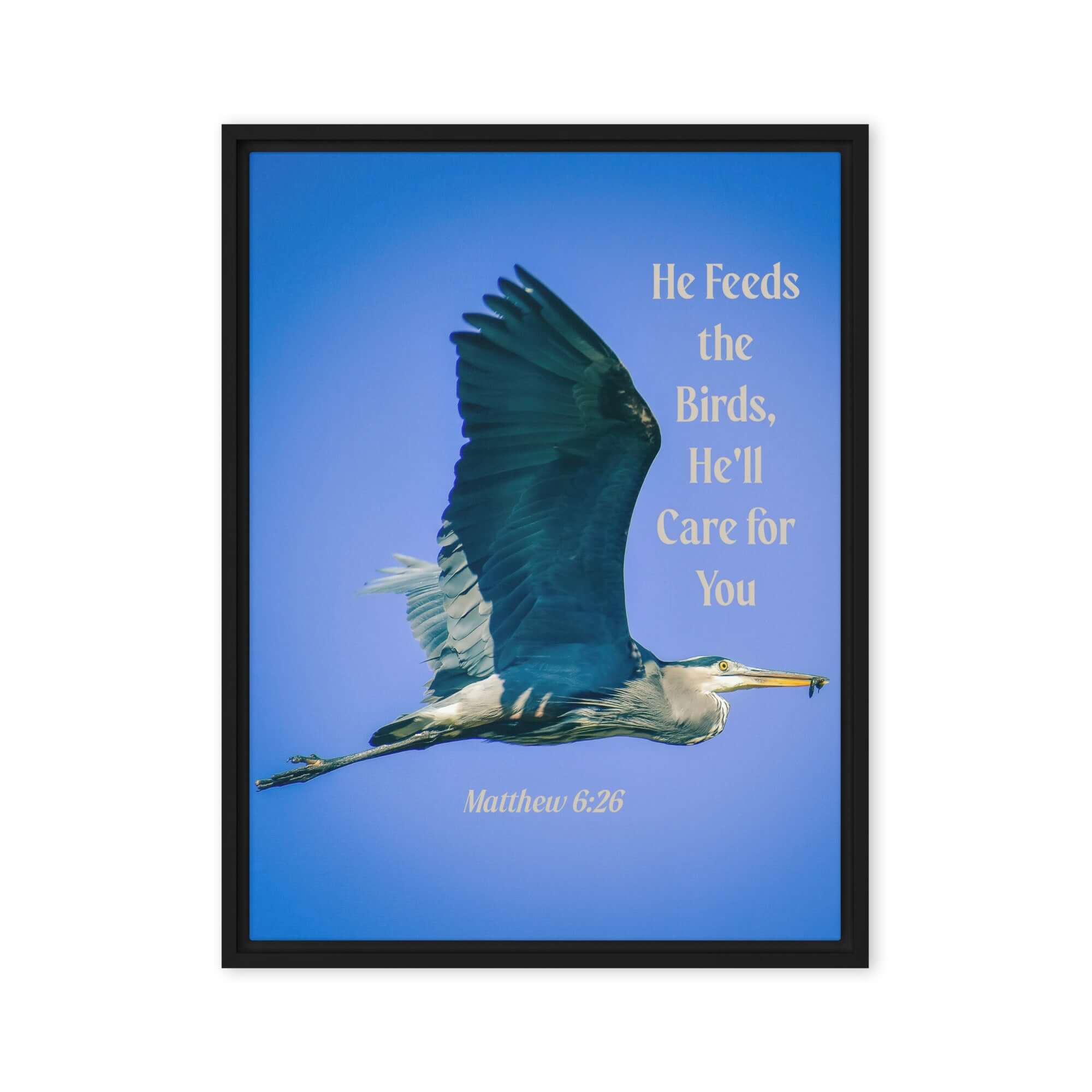 Matthew 6:26 Graceful Heron, He'll Care for You Framed Canvas Print Wall Art Black 24″×32″