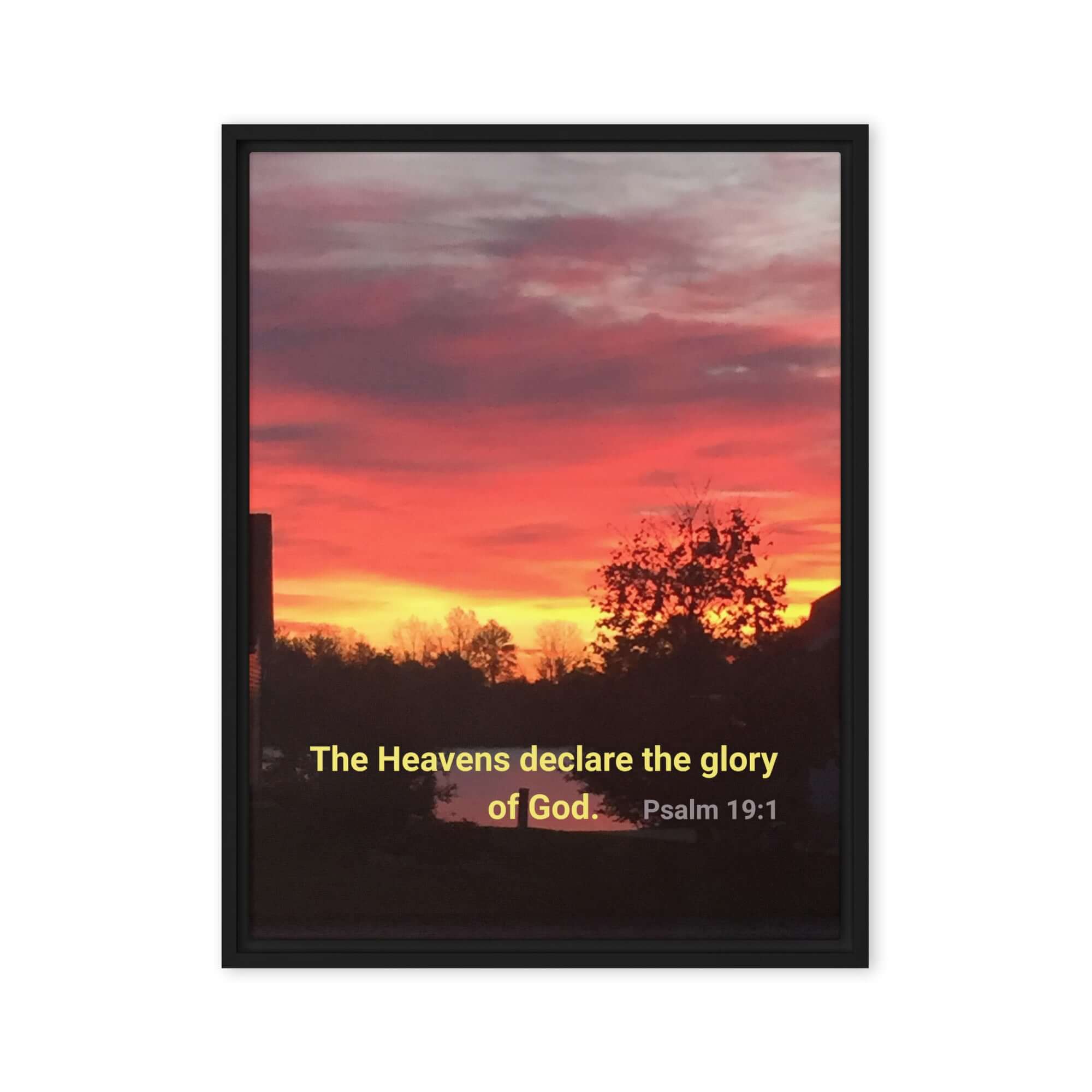 Psalm 19:1 Bible Verse, Sunset Glory Framed Canvas Print Wall Art Black 24″×32″