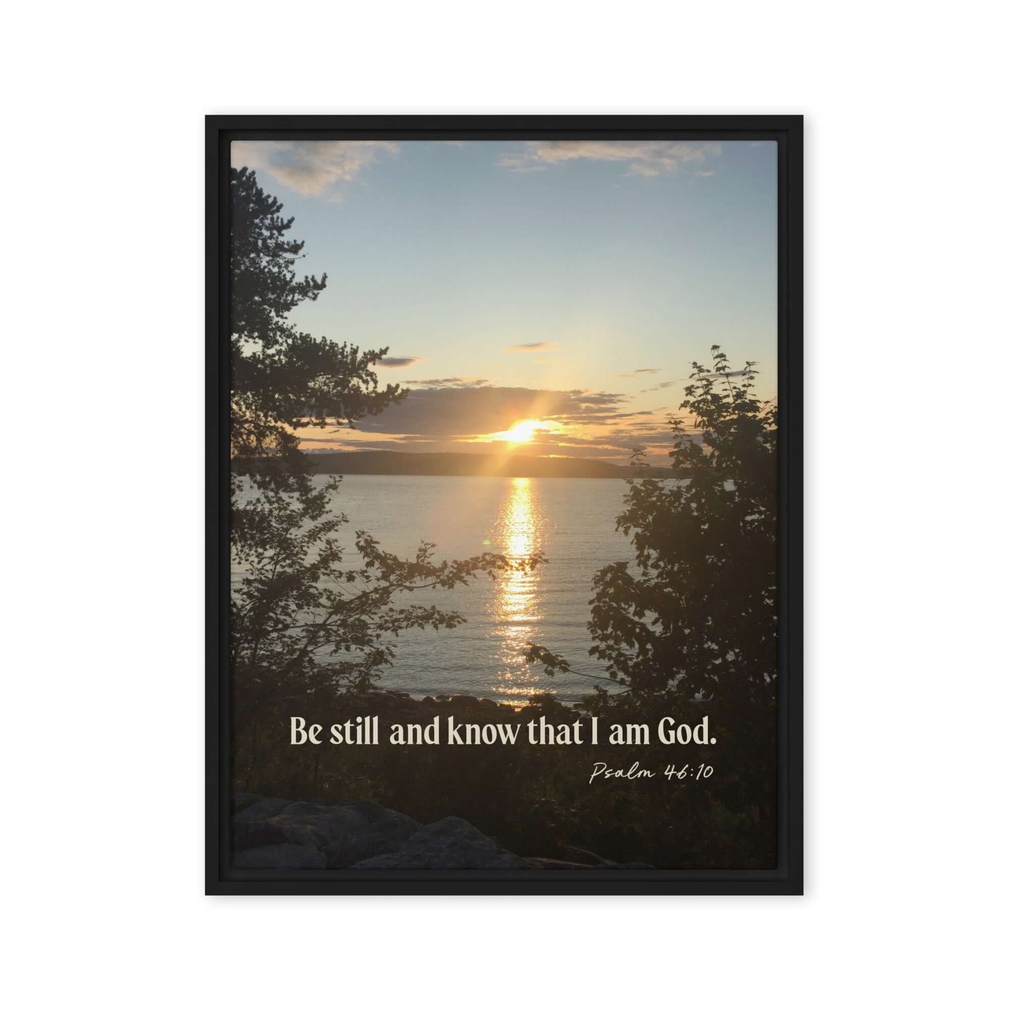 Psalm 46:10 Bible Verse, Sunset Glory Framed Canvas Print Wall Art Black 24″×32″