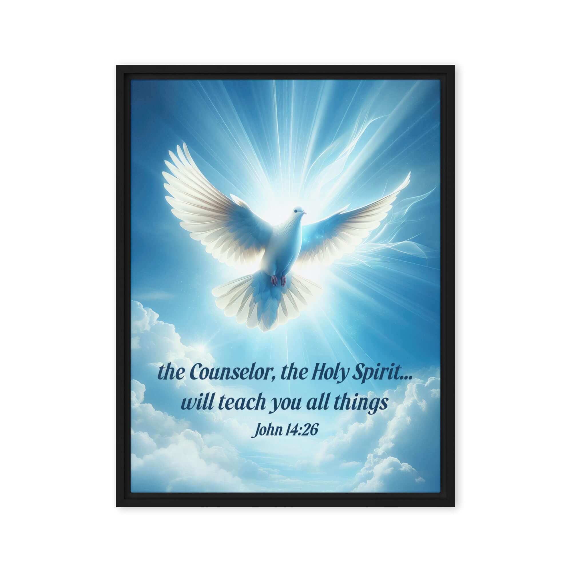 John 14:26 Bible Verse, Holy Spirit Dove Framed Canvas Print Wall Art Black 24″×32″