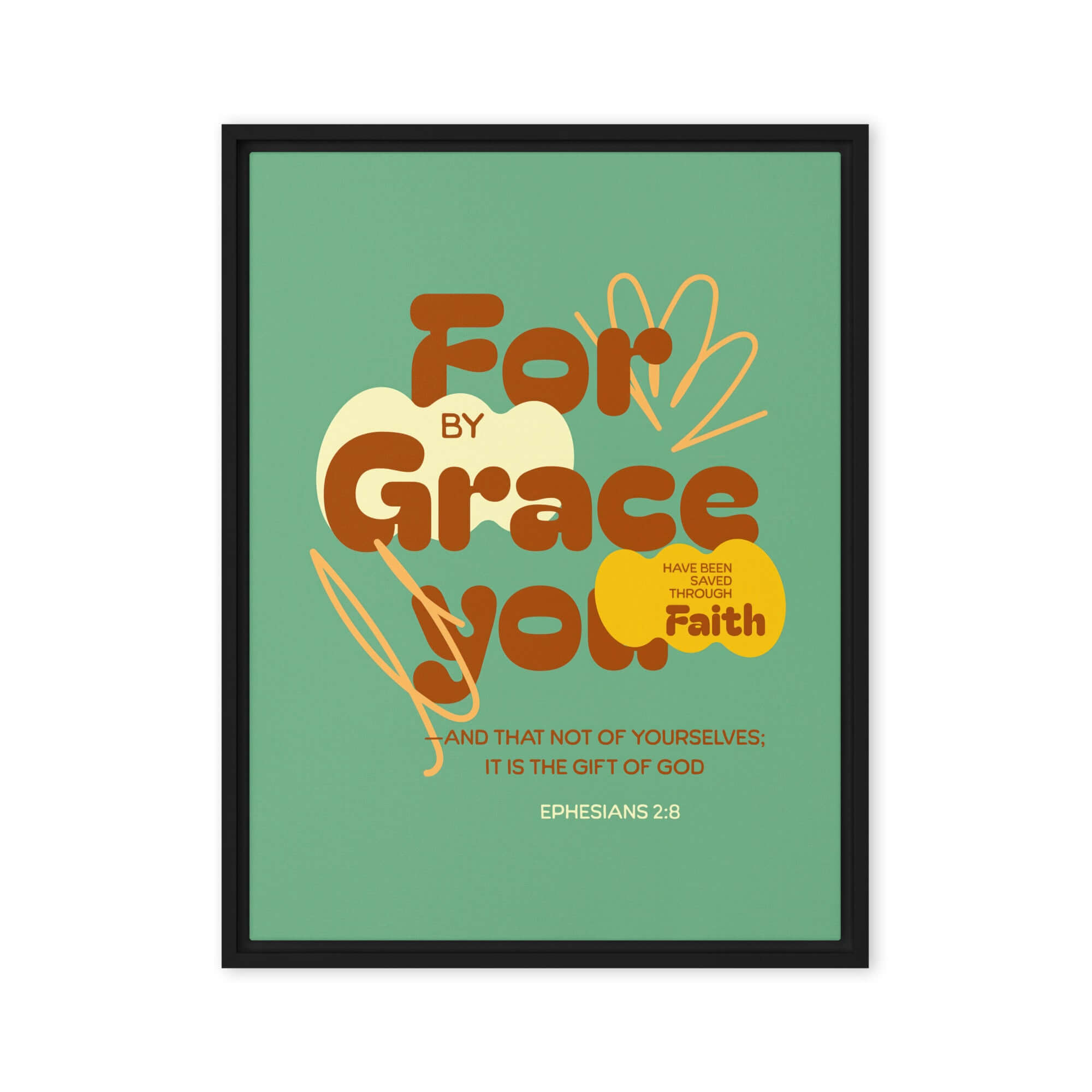 Ephesians 2:8 Bible Verse, for by grace Framed Canvas Print Wall Art Black 24″×32″