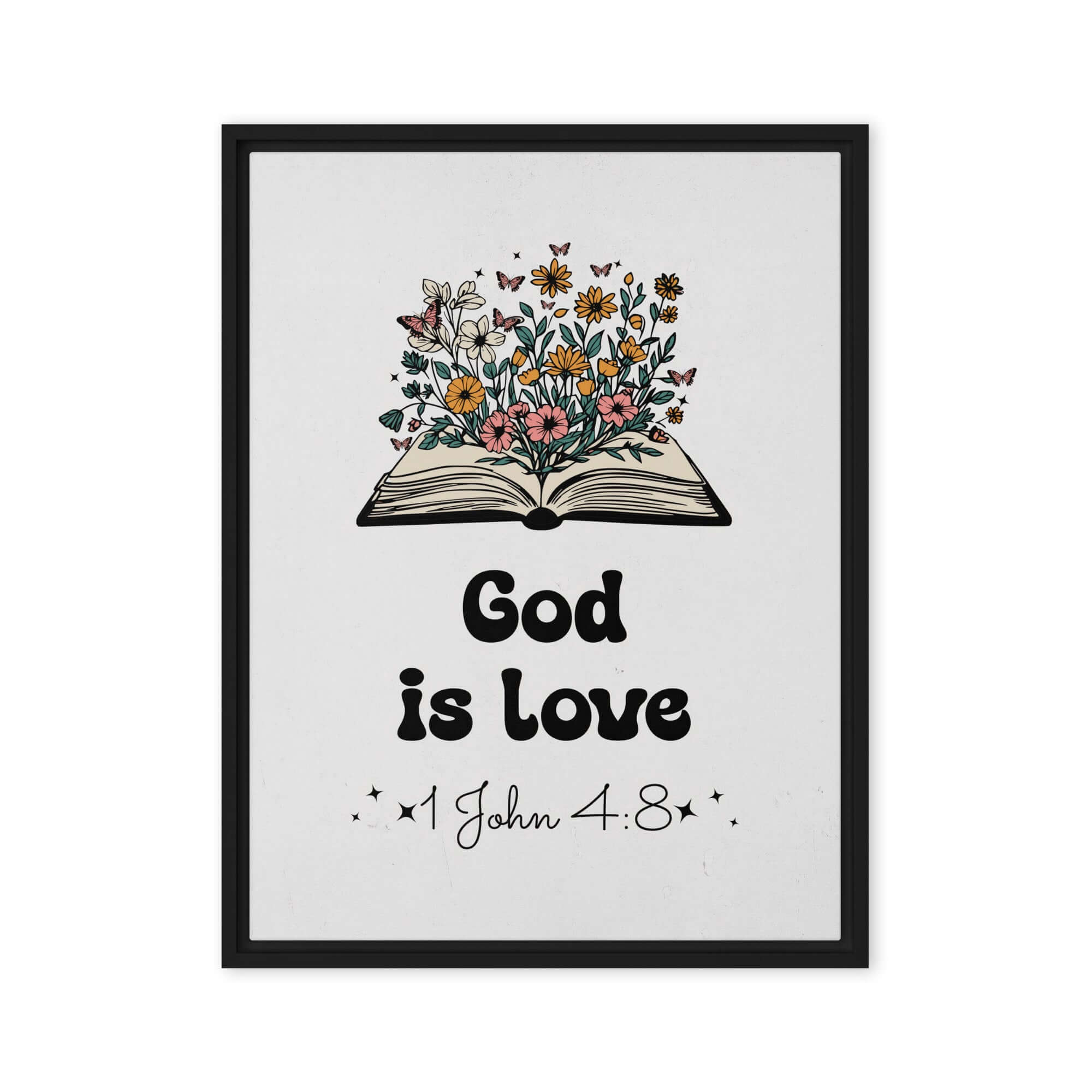 1 John 4:8 Bible Verse, God is Love Framed Canvas Print Wall Art Black 24″×32″