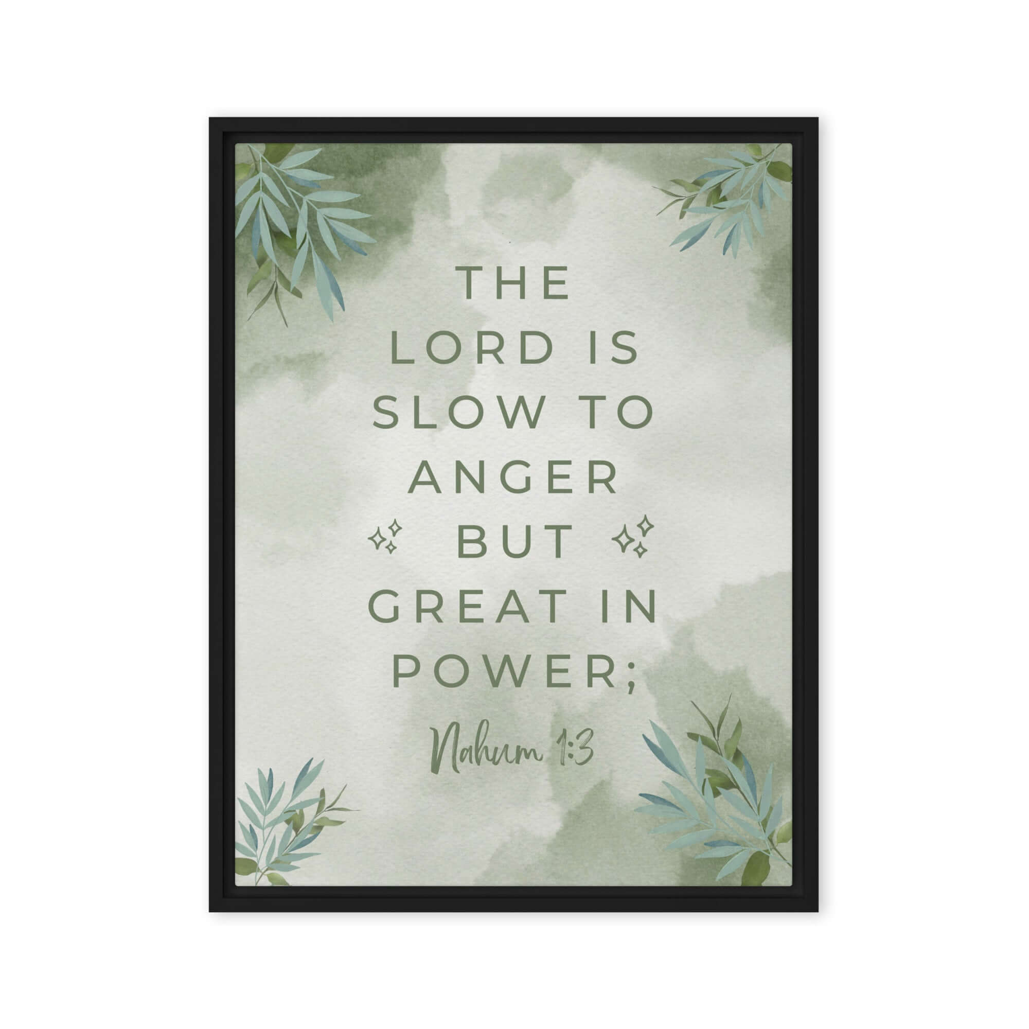 Nahum 1:3 Bible Verse, The Lord is slow Framed Canvas Print Wall Art Black 24″×32″
