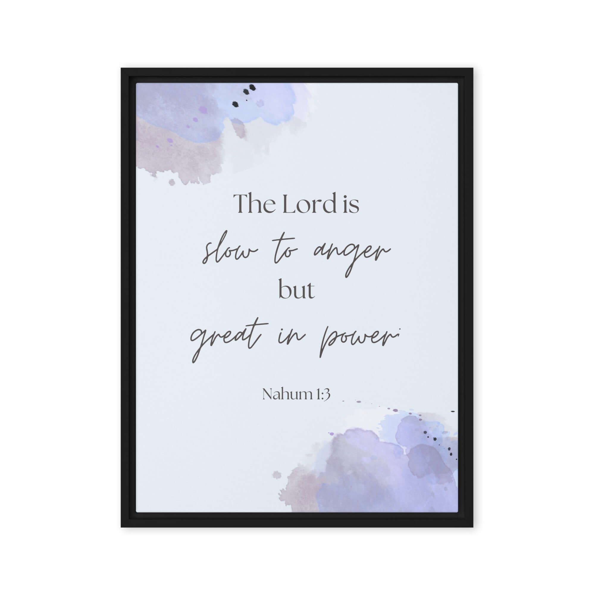 Nahum 1:3 Bible Verse, great in power Framed Canvas Print Wall Art Black 24″×32″