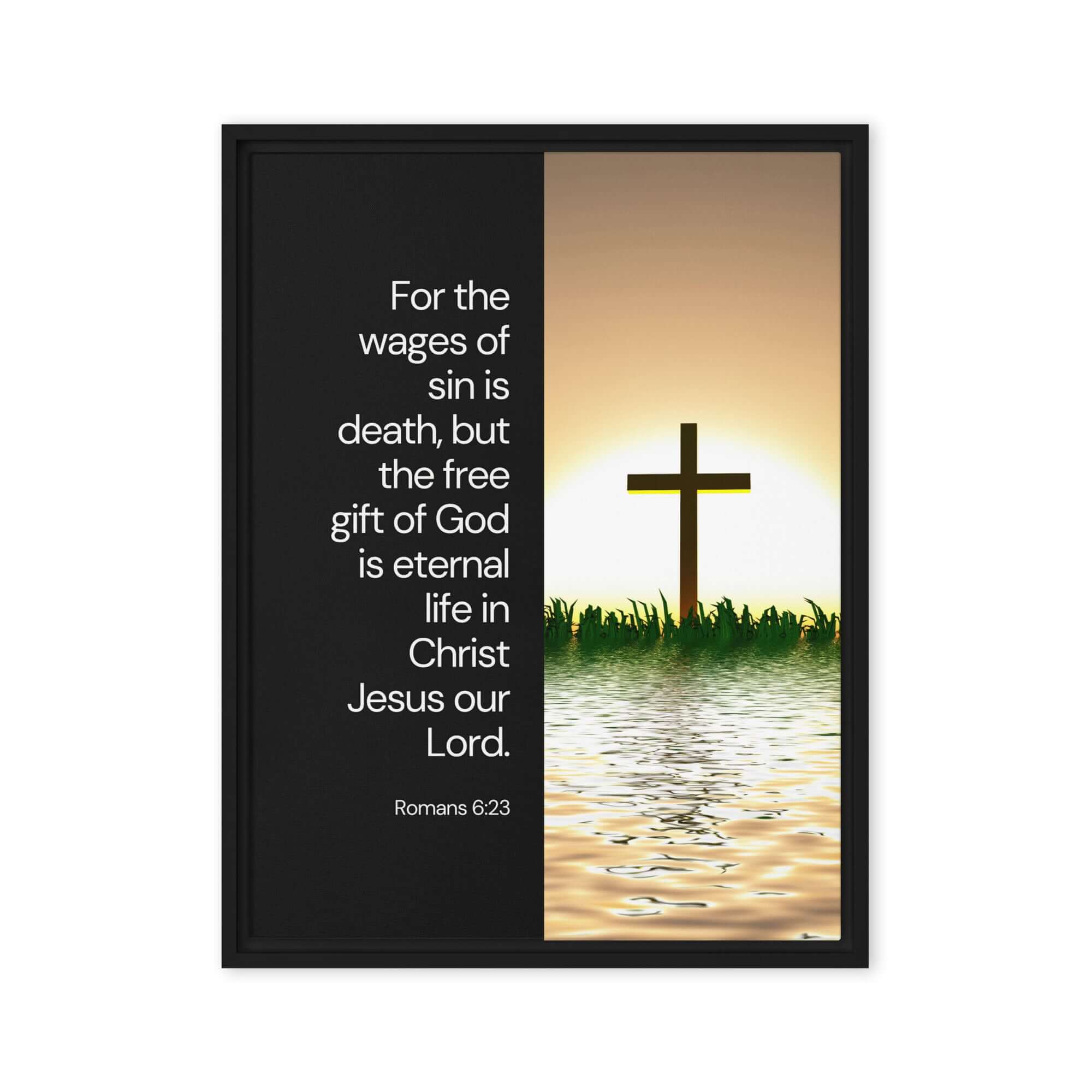 Romans 6:23 Bible Verse, the wages Framed Canvas Print Wall Art Black 24″×32″
