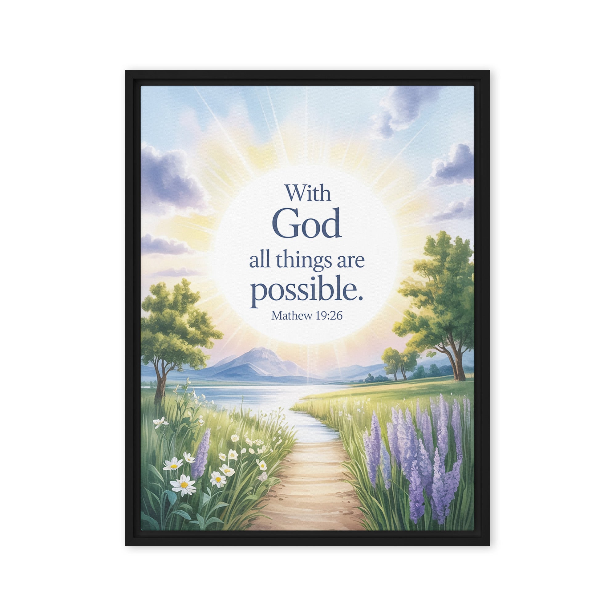 Matthew 19:26 Bible Verse Looking at Framed Canvas Black 24″×32″