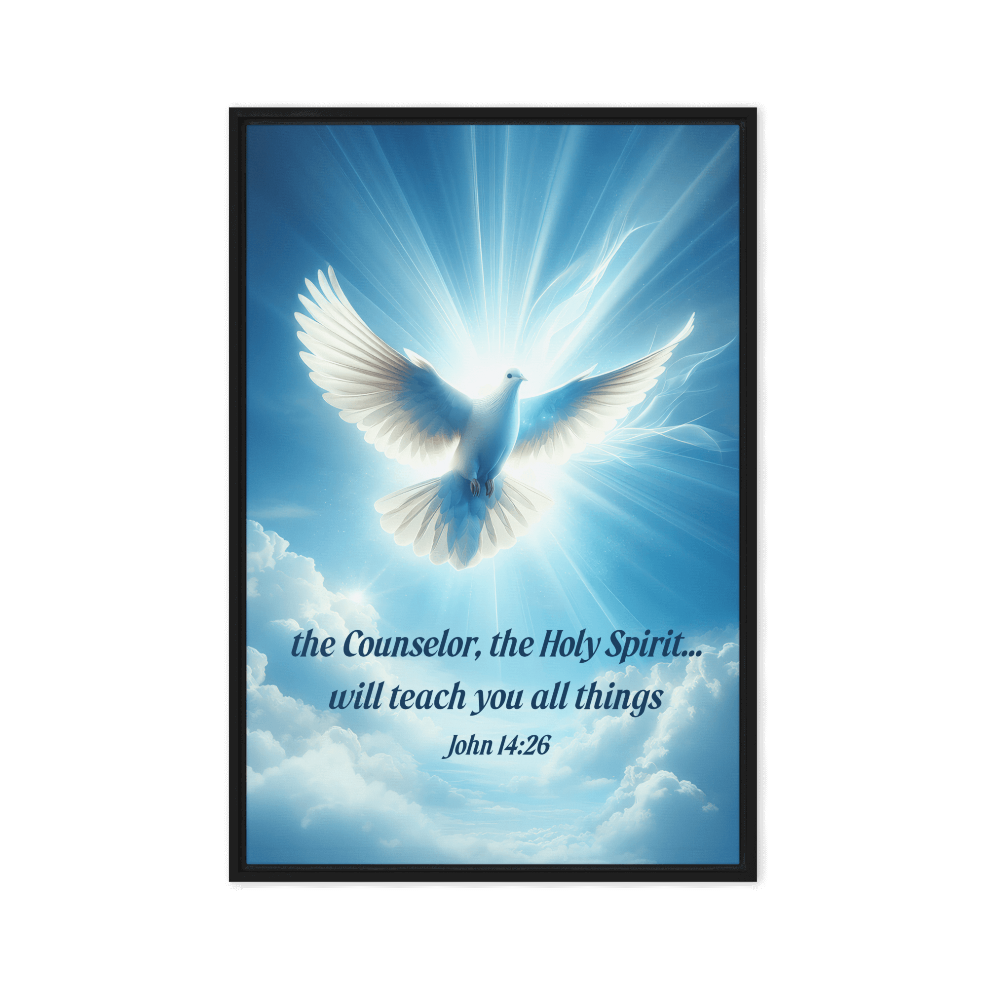 John 14:26 Bible Verse, Holy Spirit Dove Framed Canvas Print Wall Art Black 24″×36″