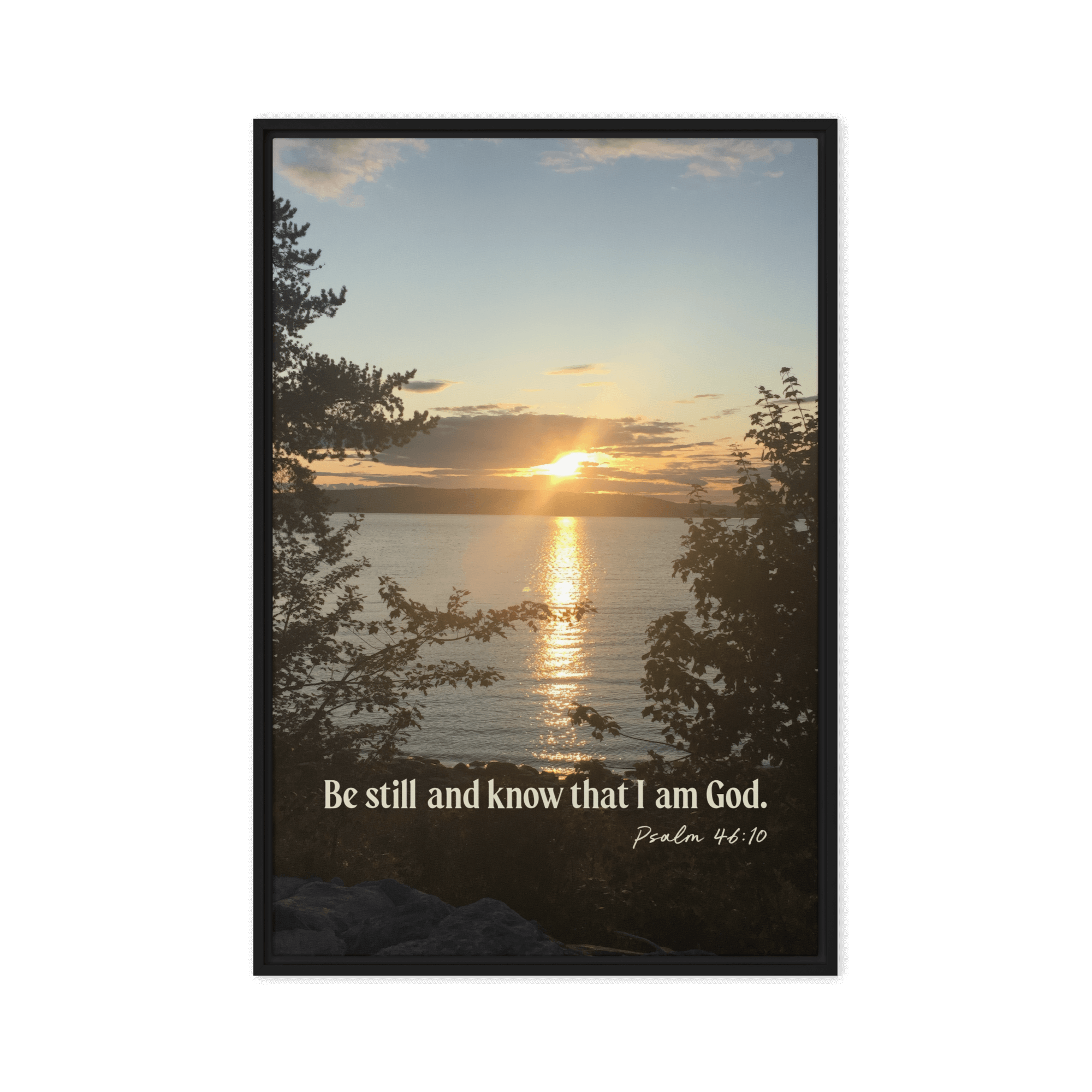 Psalm 46:10 Bible Verse, Sunset Glory Framed Canvas Print Wall Art Black 24″×36″