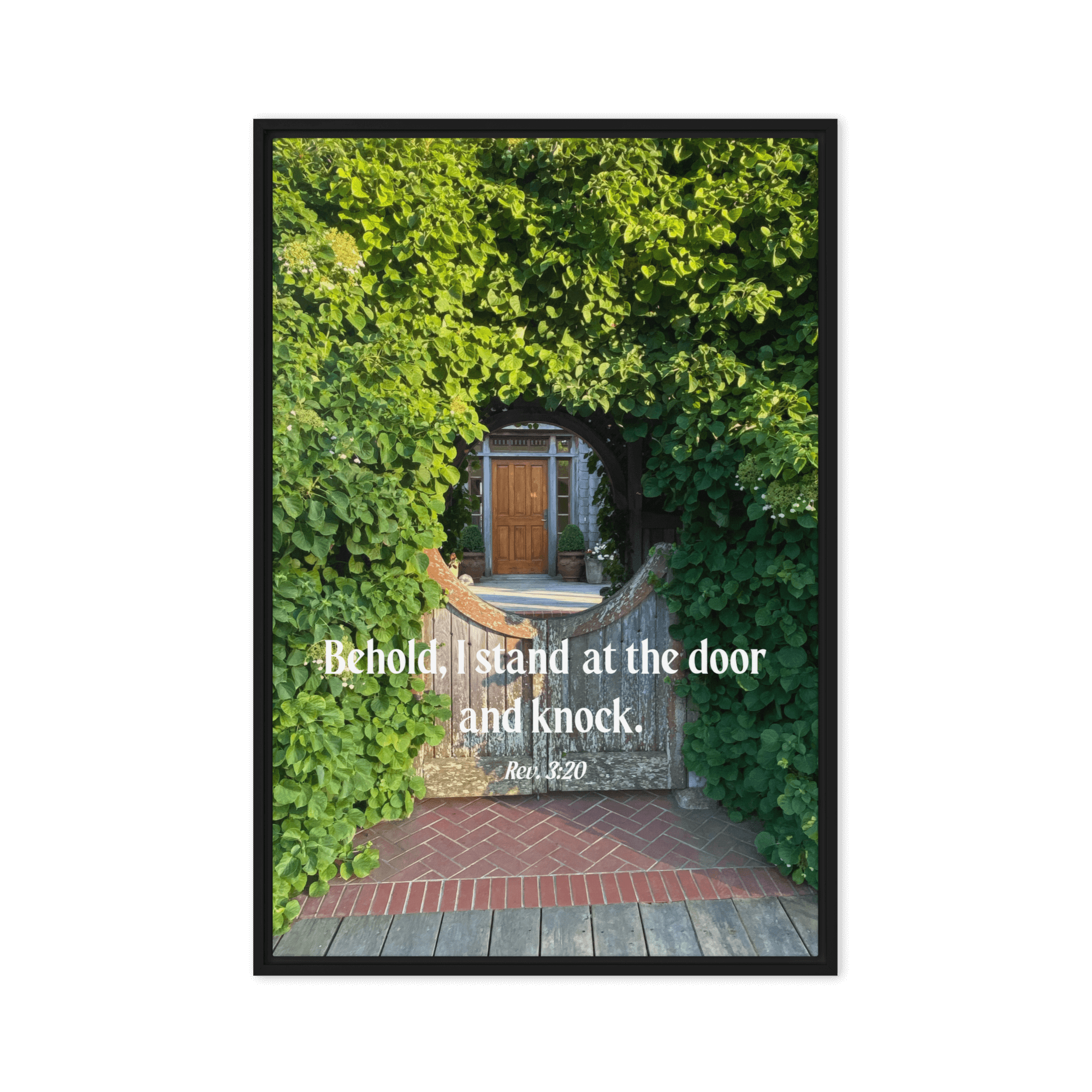 Revelation 3:20 Bible Verse, Garden Doorway Framed Canvas Print Wall Art Black 24″×36″