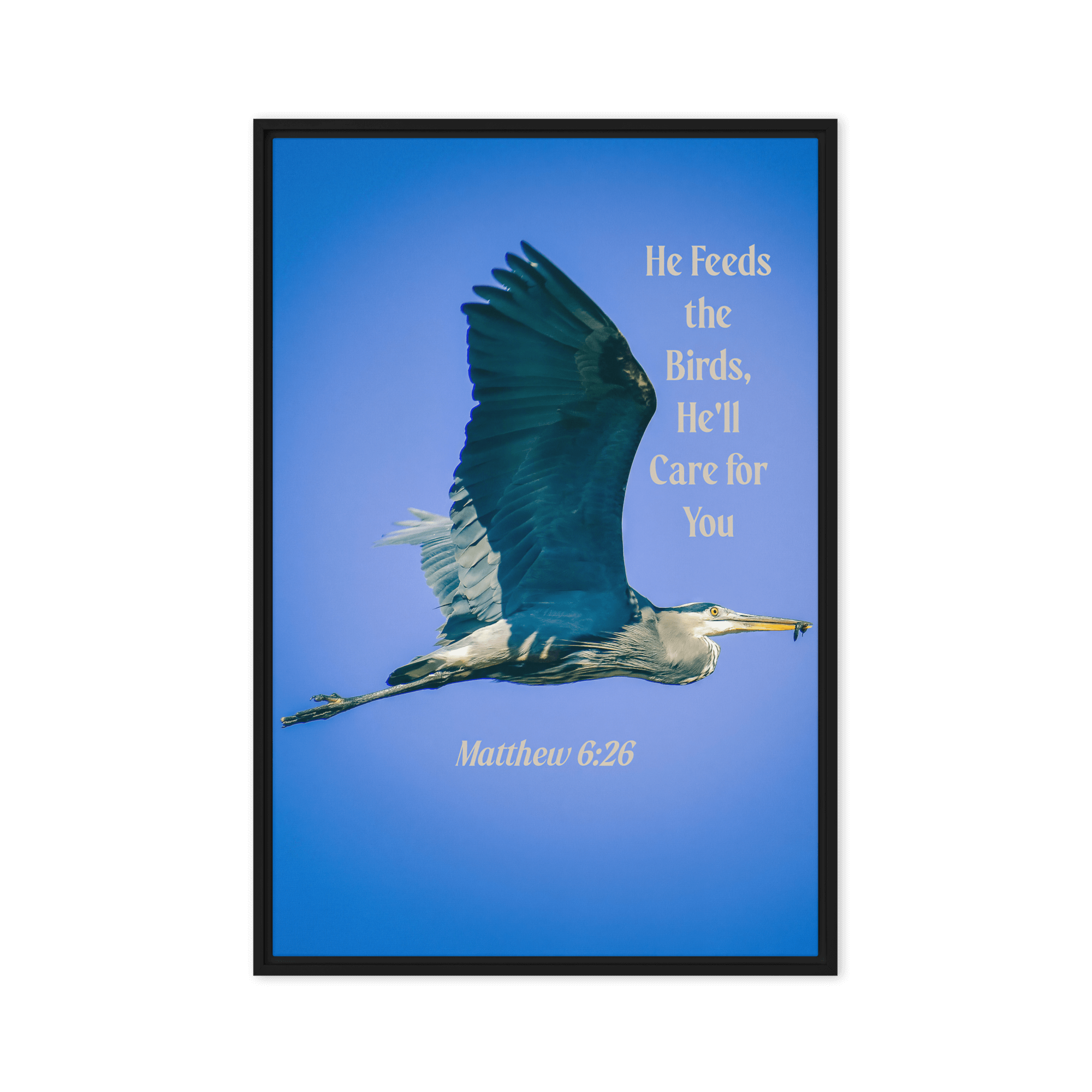 Matthew 6:26 Graceful Heron, He'll Care for You Framed Canvas Print Wall Art Black 24″×36″