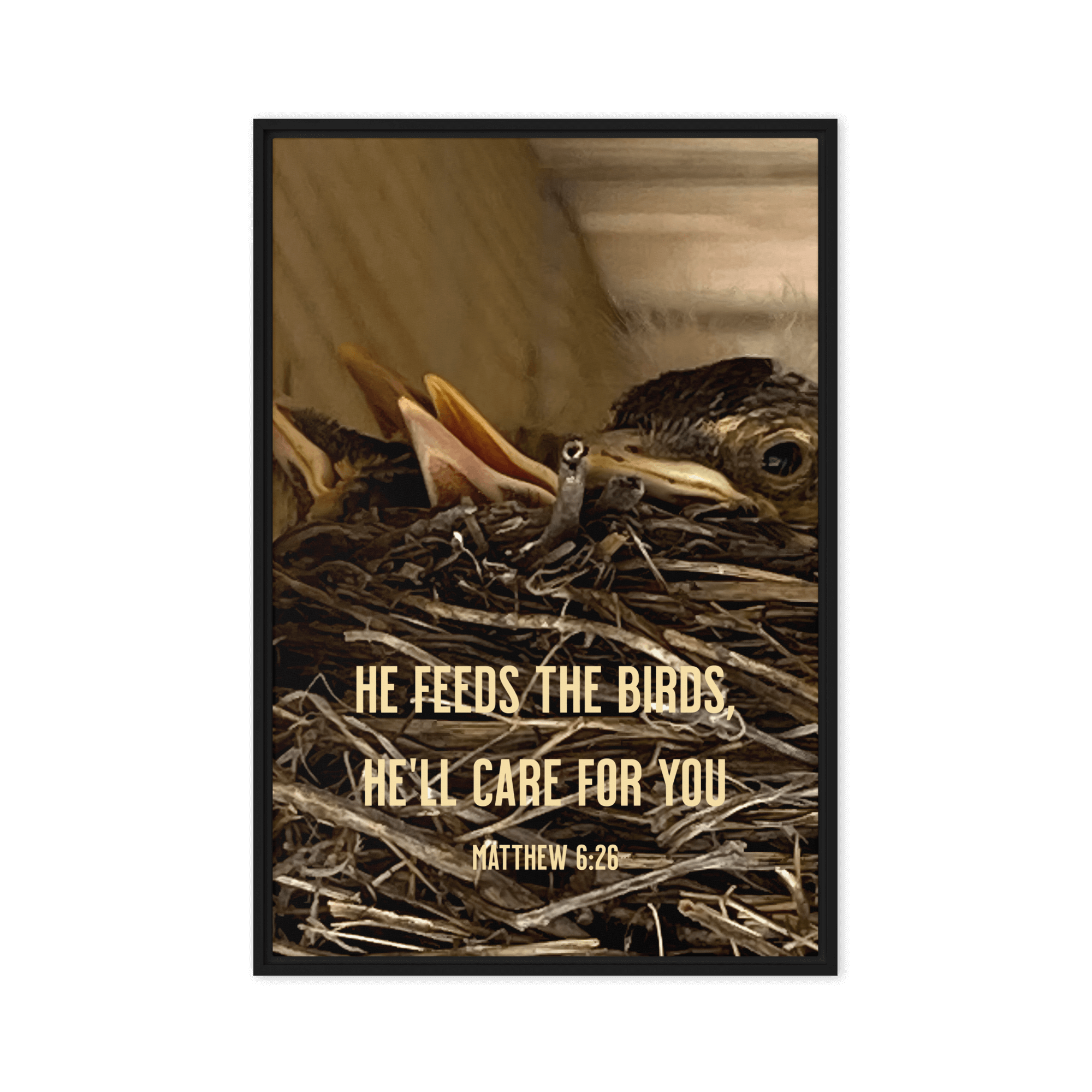Matthew 6:26 Baby Robins, He'll Care for You Framed Canvas Print Wall Art Black 24″×36″