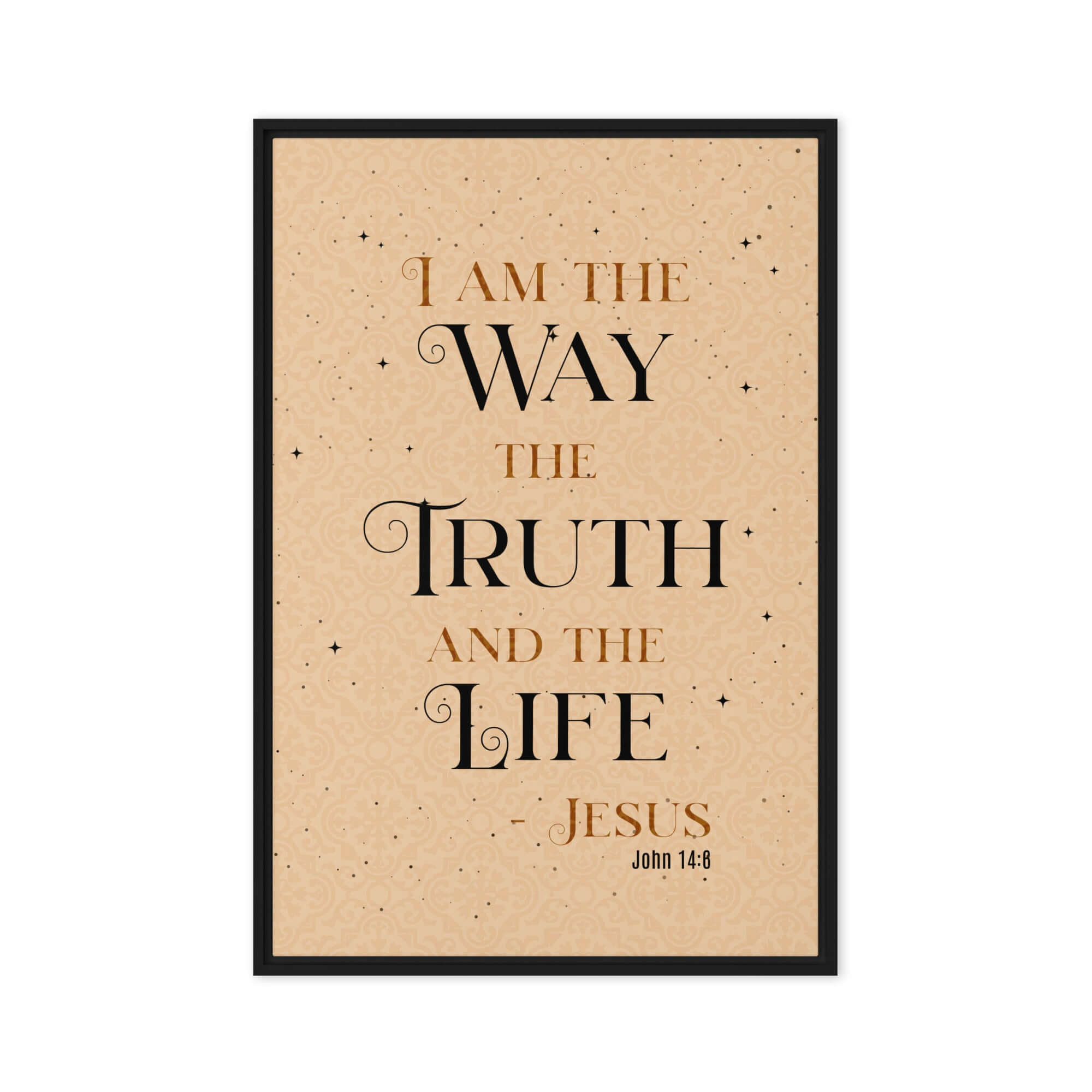 John 14:6 Bible Verse, Color Text Brown Background Framed Canvas Print Wall Art Black 24″×36″