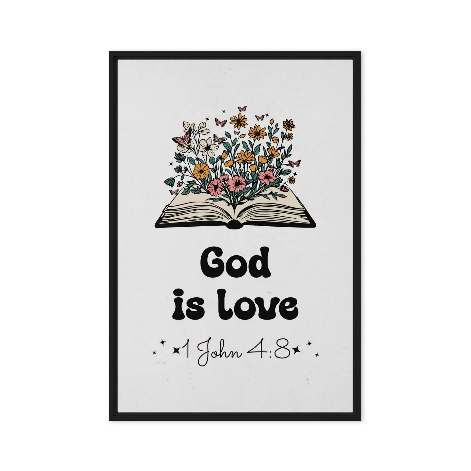 1 John 4:8 Bible Verse, God is Love Framed Canvas Print Wall Art Black 24″×36″