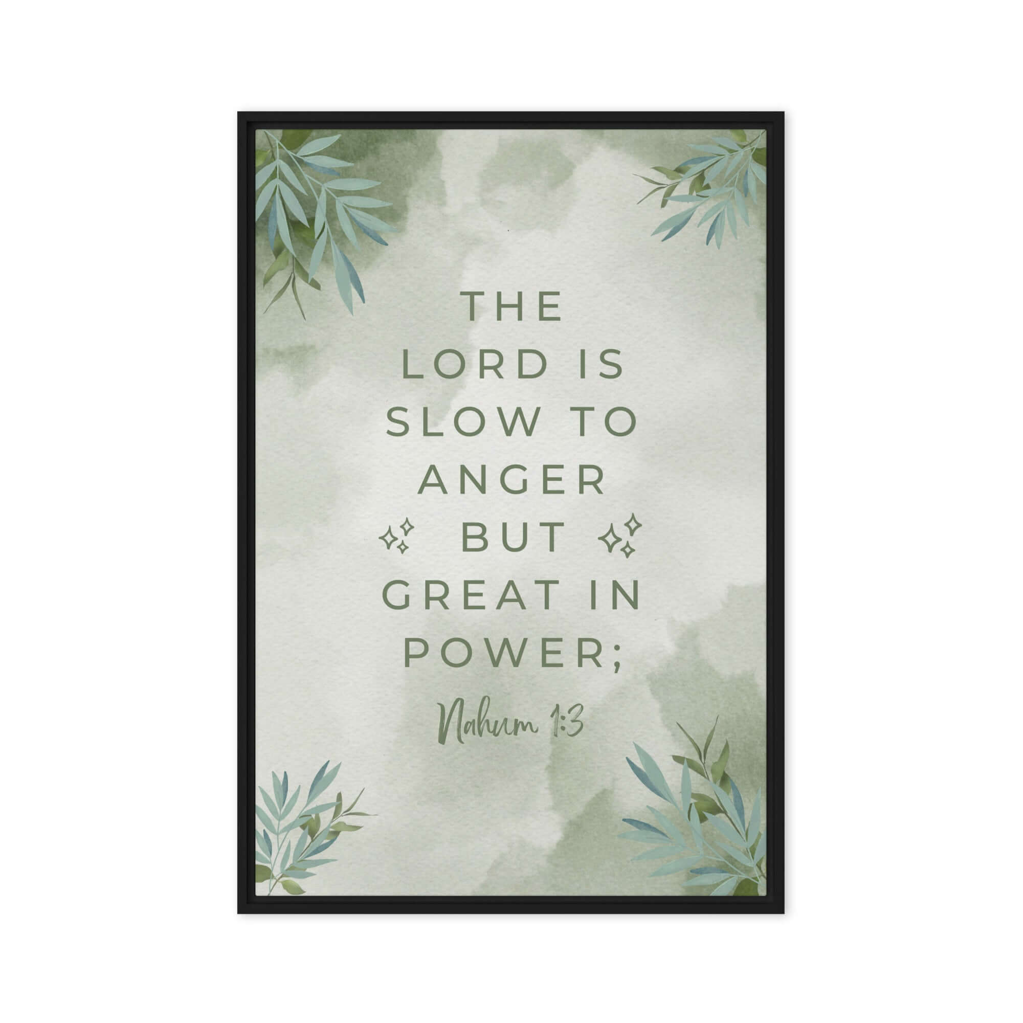 Nahum 1:3 Bible Verse, The Lord is slow Framed Canvas Print Wall Art Black 24″×36″