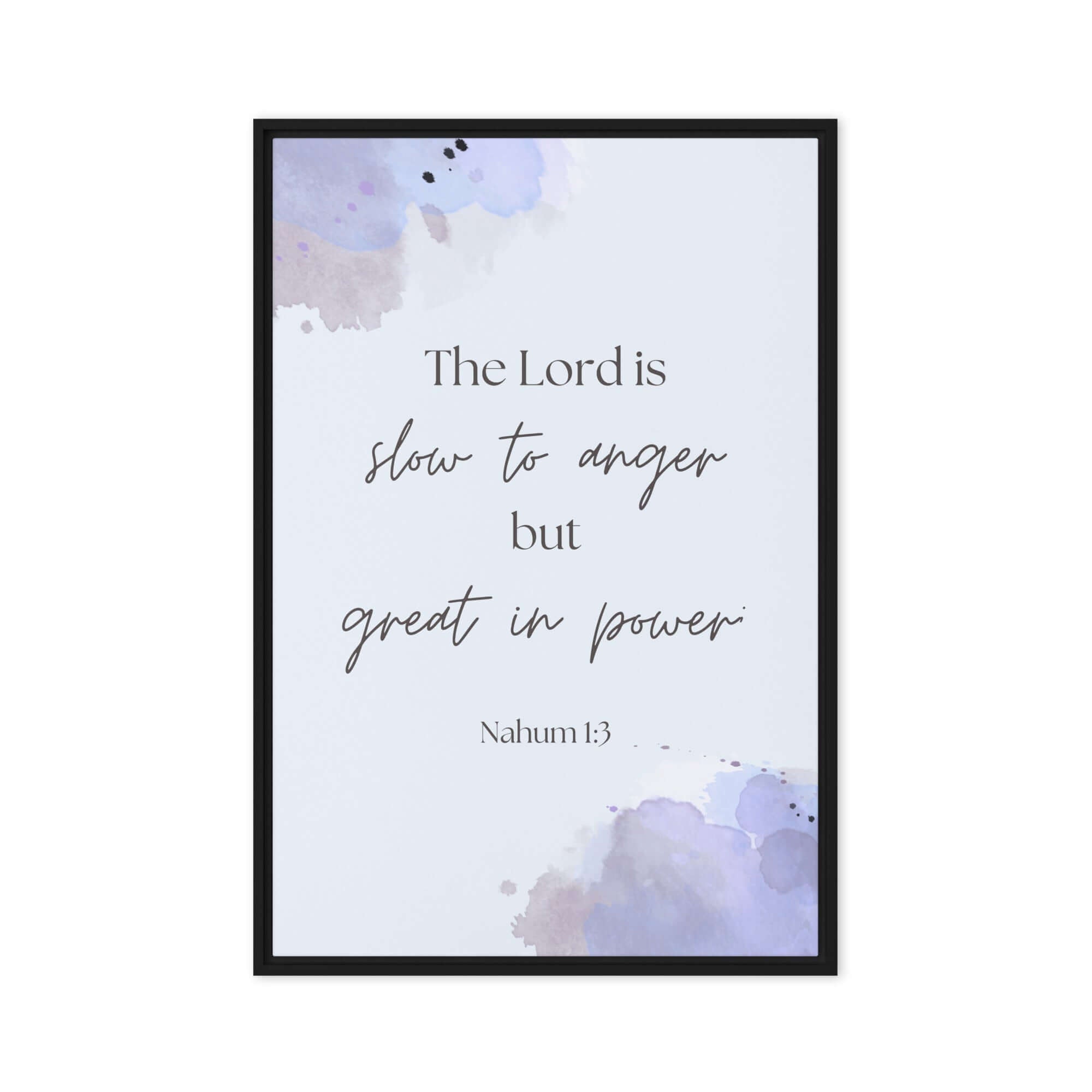 Nahum 1:3 Bible Verse, great in power Framed Canvas Print Wall Art Black 24″×36″