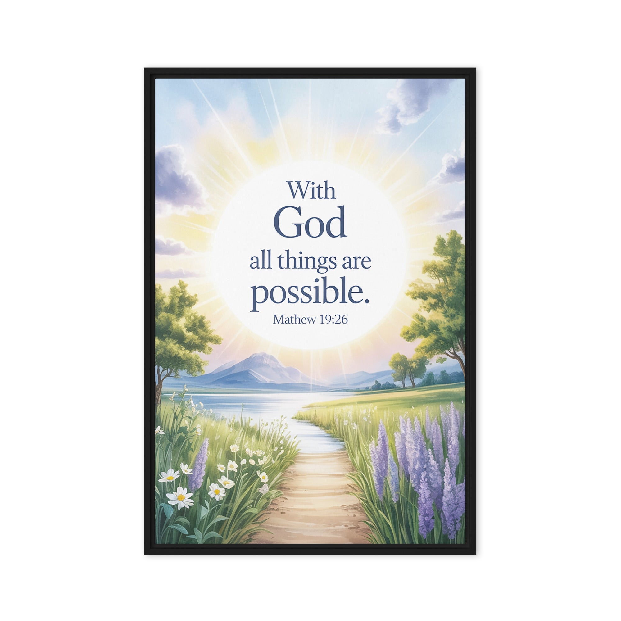 Matthew 19:26 Bible Verse Looking at Framed Canvas Black 24″×36″