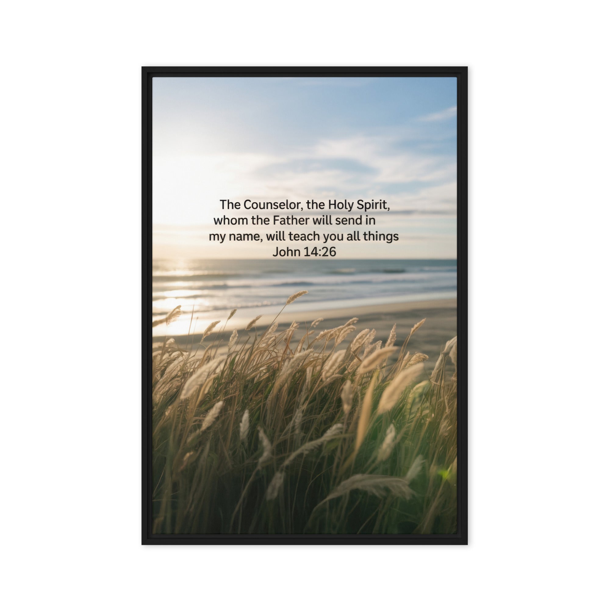 John 14:26 Bible Verse in my name Framed Canvas Black 24″×36″