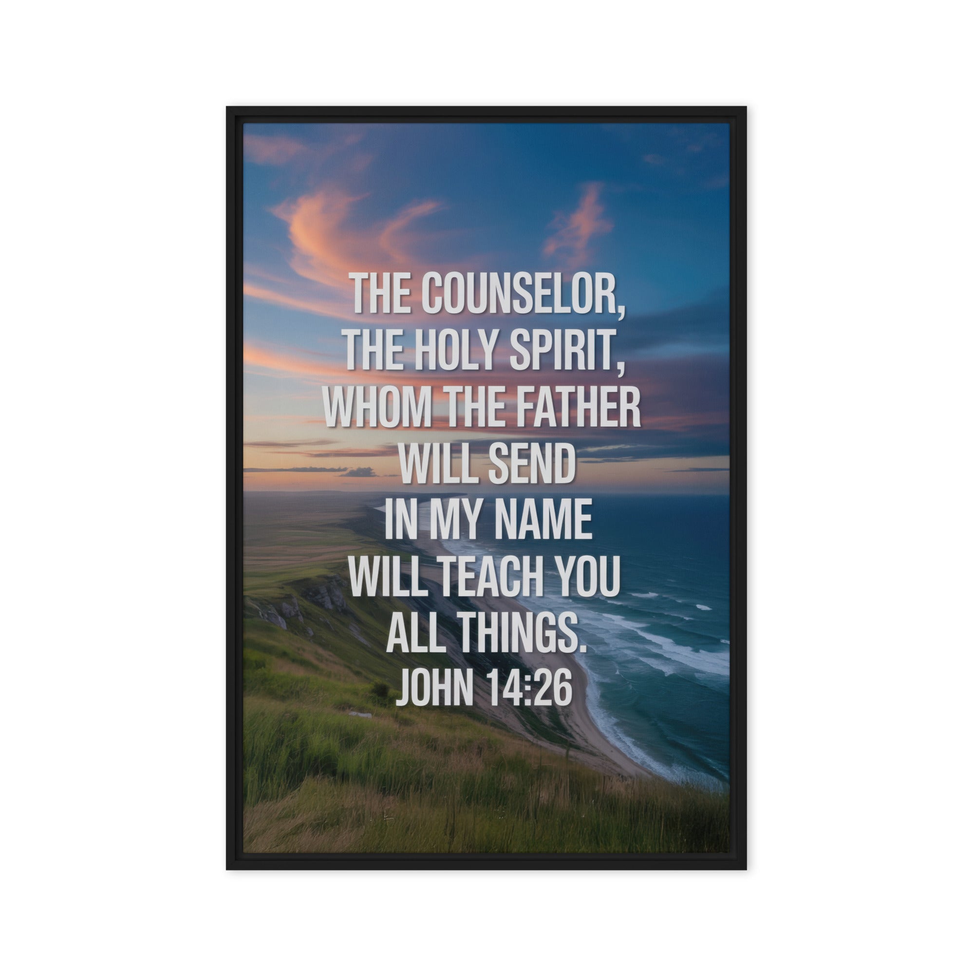 John 14:26 Bible Verse will teach Framed Canvas Black 24″×36″