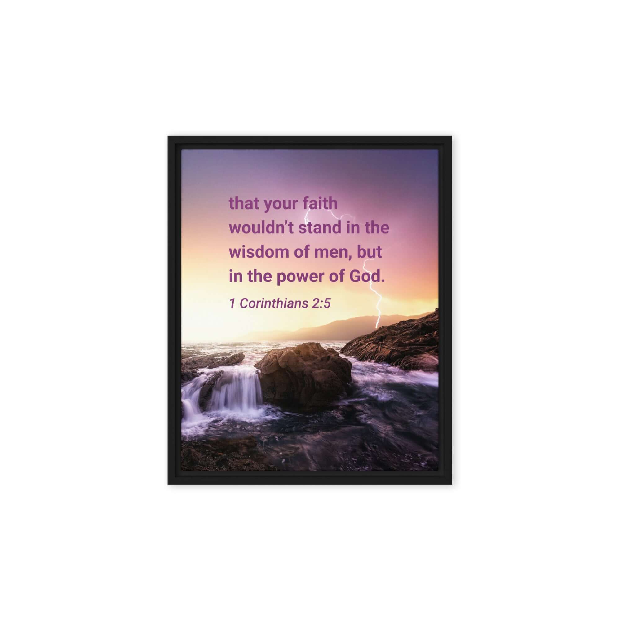 1 Corinthians 2:5 Bible Verse, power of God Framed Canvas Print Wall Art Black 8″×10″