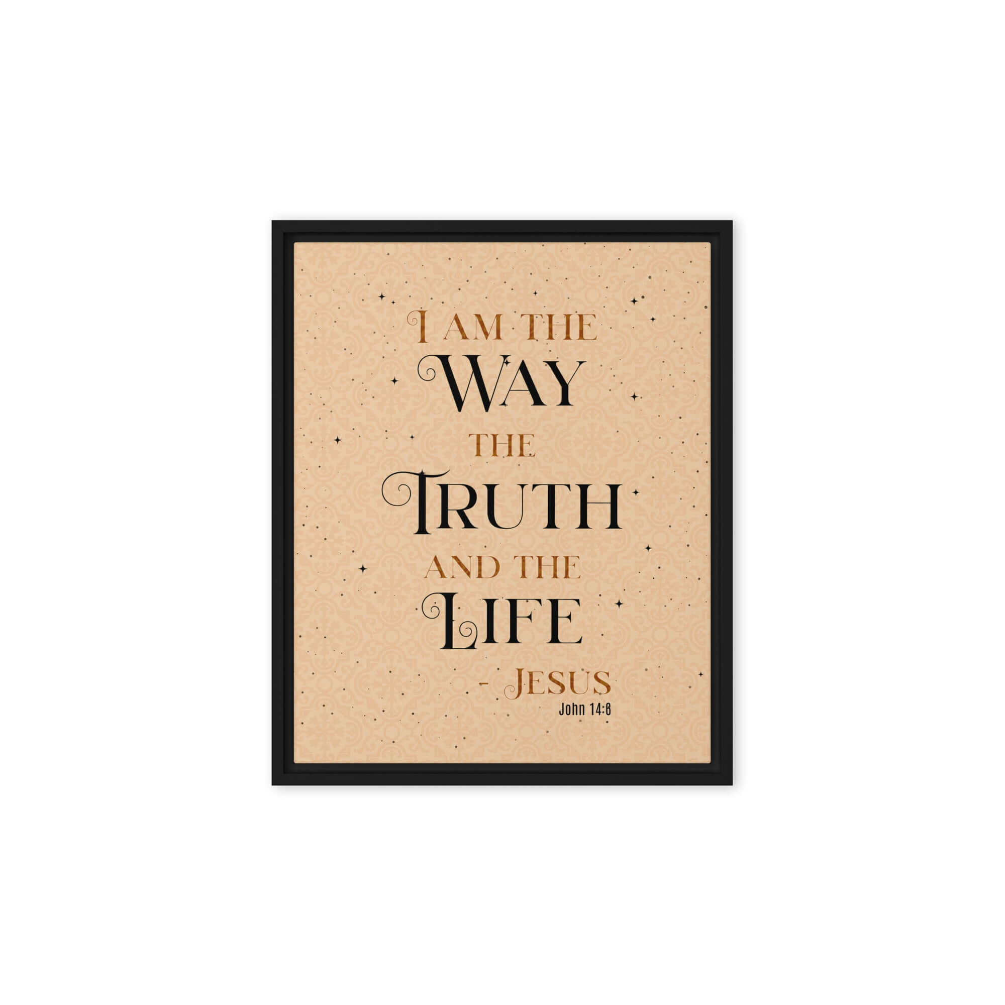 John 14:6 Bible Verse, Color Text Brown Background Framed Canvas Print Wall Art Black 8″×10″