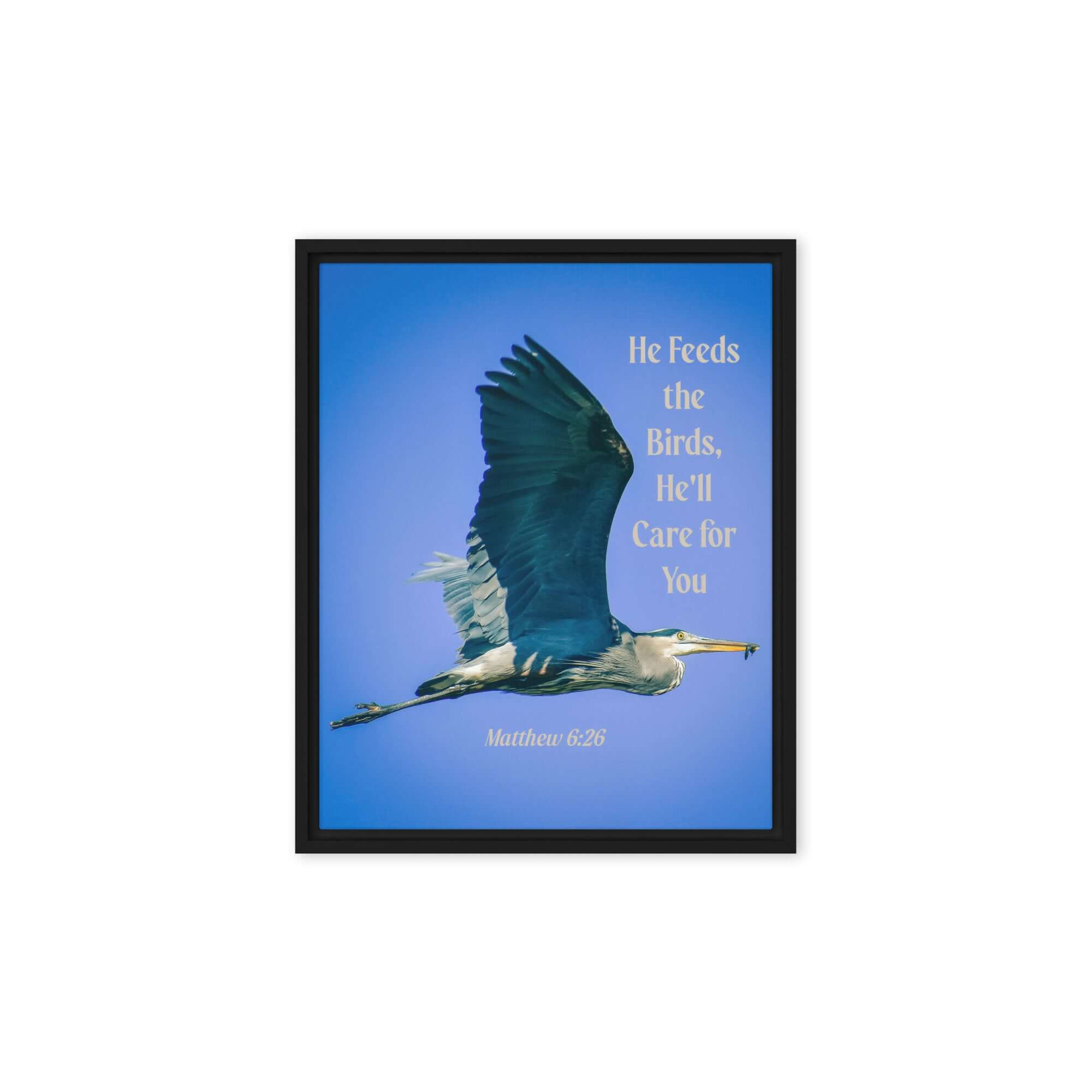 Matthew 6:26 Graceful Heron, He'll Care for You Framed Canvas Print Wall Art Black 8″×10″