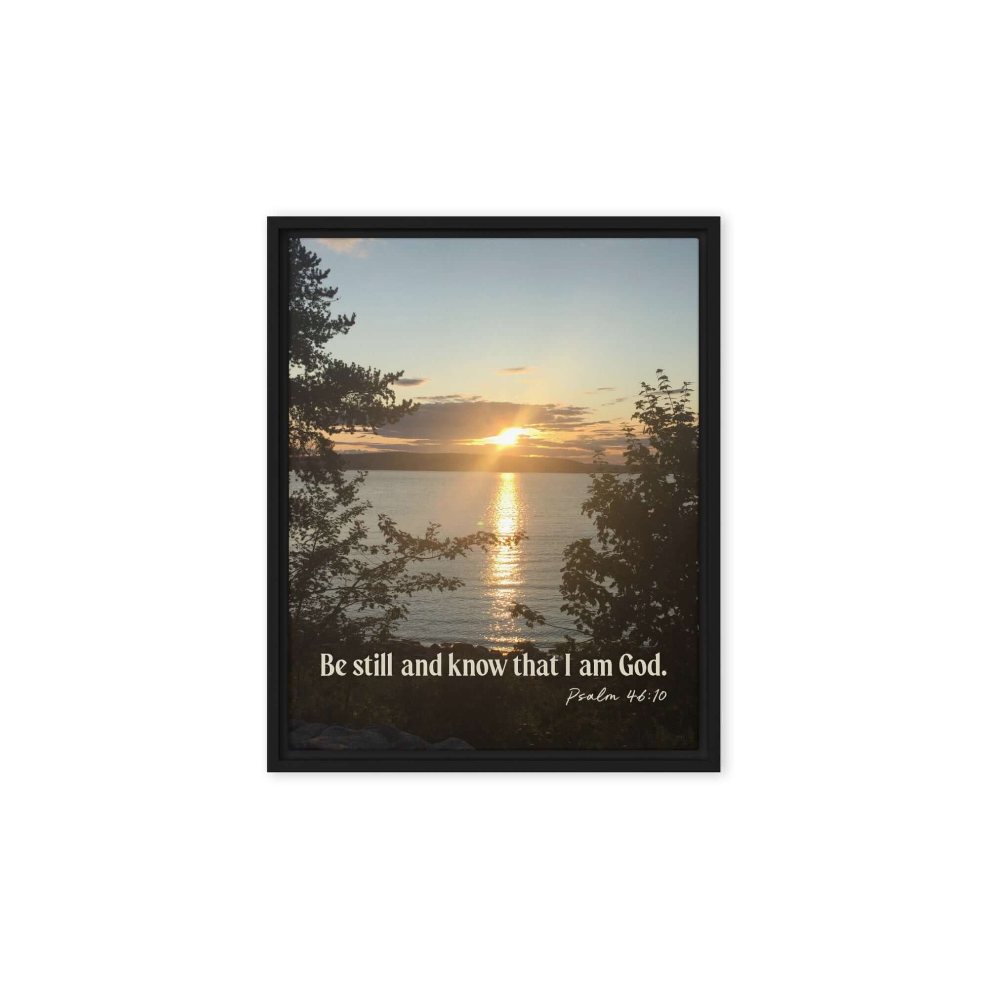 Psalm 46:10 Bible Verse, Sunset Glory Framed Canvas Print Wall Art Black 8″×10″