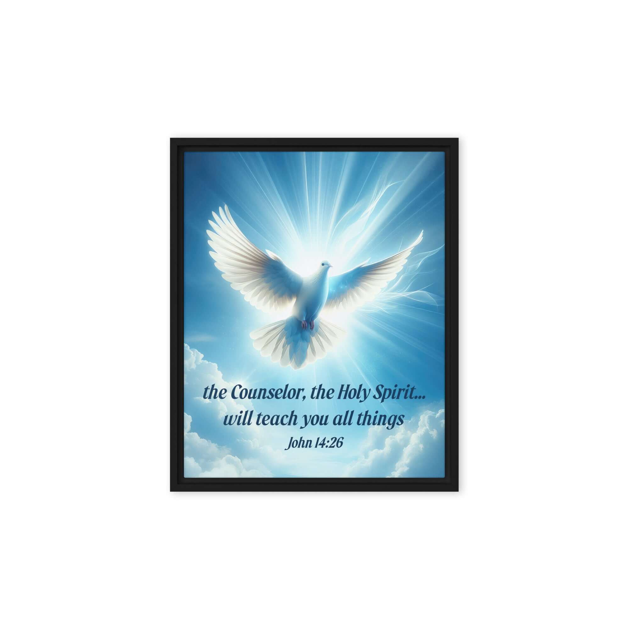 John 14:26 Bible Verse, Holy Spirit Dove Framed Canvas Print Wall Art Black 8″×10″
