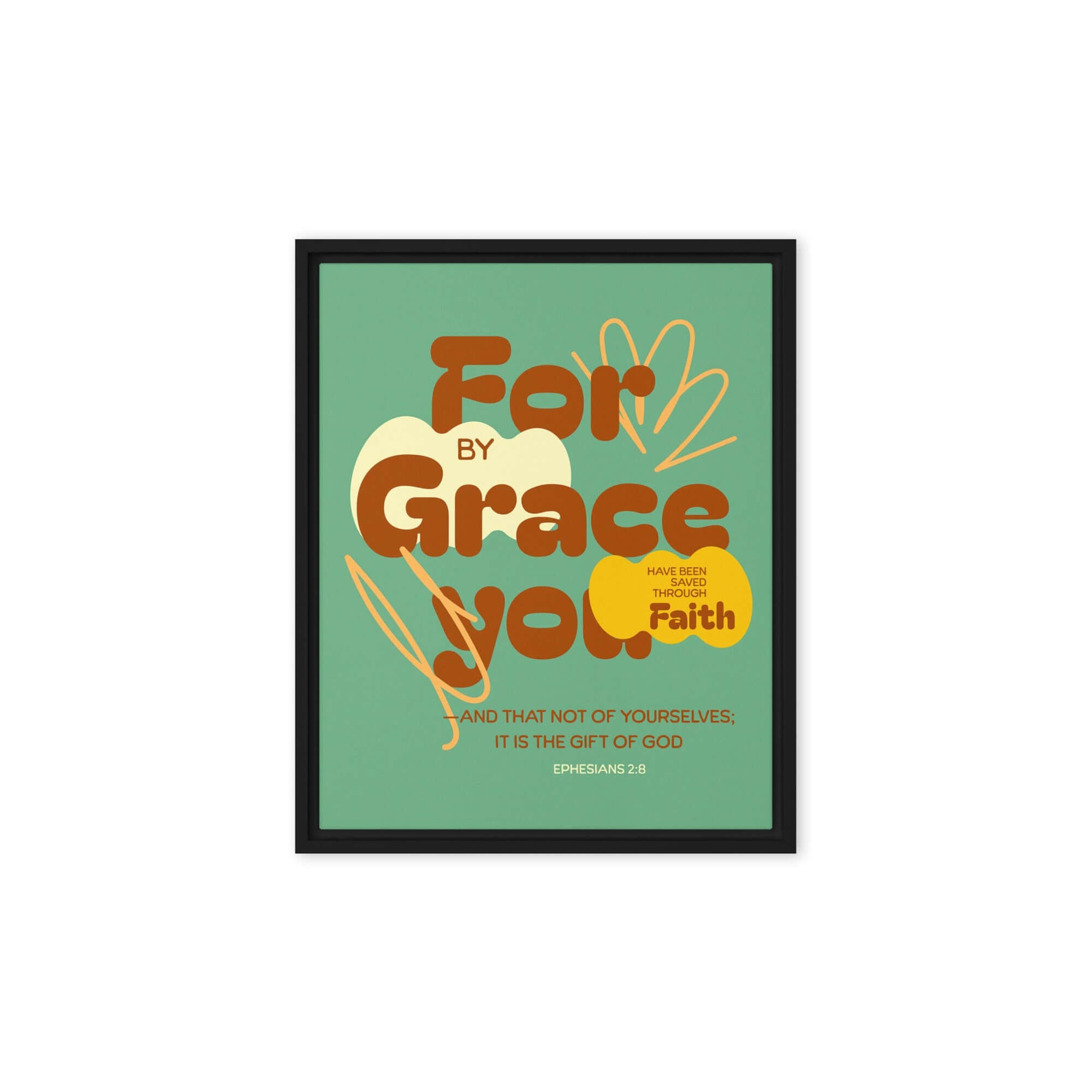 Ephesians 2:8 Bible Verse, for by grace Framed Canvas Print Wall Art Black 8″×10″