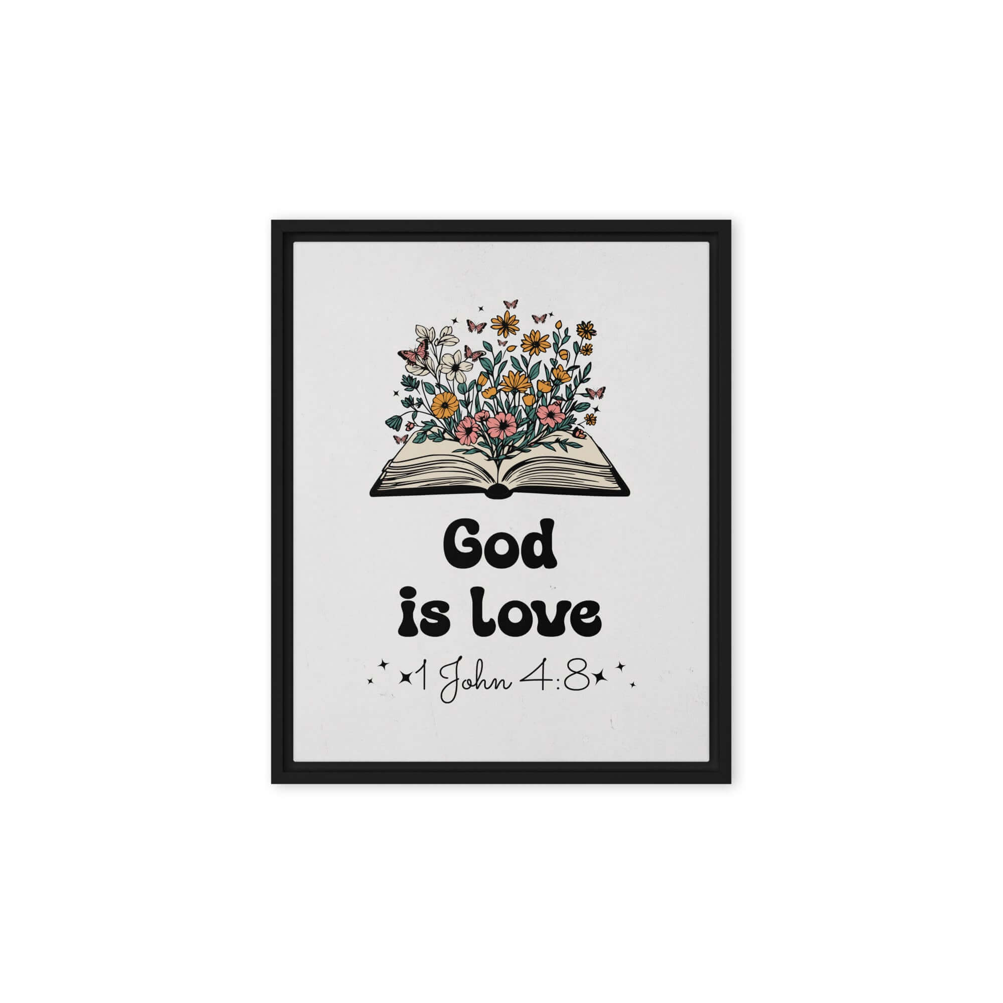 1 John 4:8 Bible Verse, God is Love Framed Canvas Print Wall Art Black 8″×10″