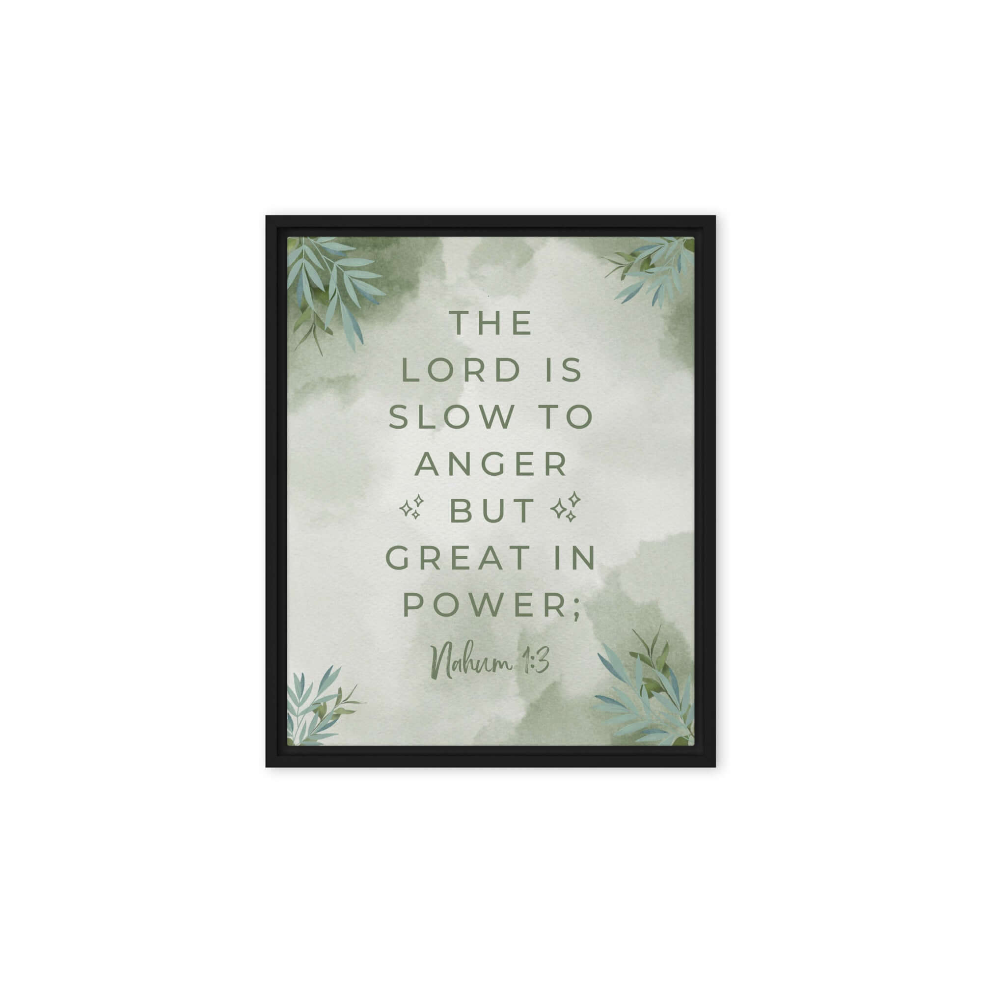 Nahum 1:3 Bible Verse, The Lord is slow Framed Canvas Print Wall Art Black 8″×10″