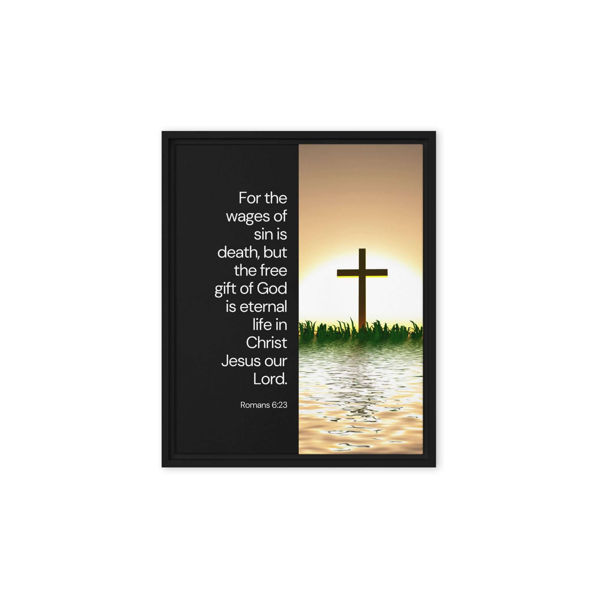 Romans 6:23 Bible Verse, the wages Framed Canvas Print Wall Art Black 8″×10″