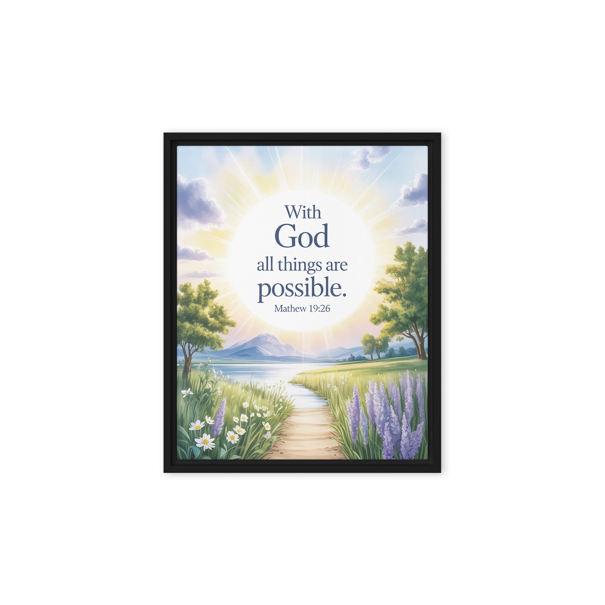 Matthew 19:26 Bible Verse Looking at Framed Canvas Black 8″×10″