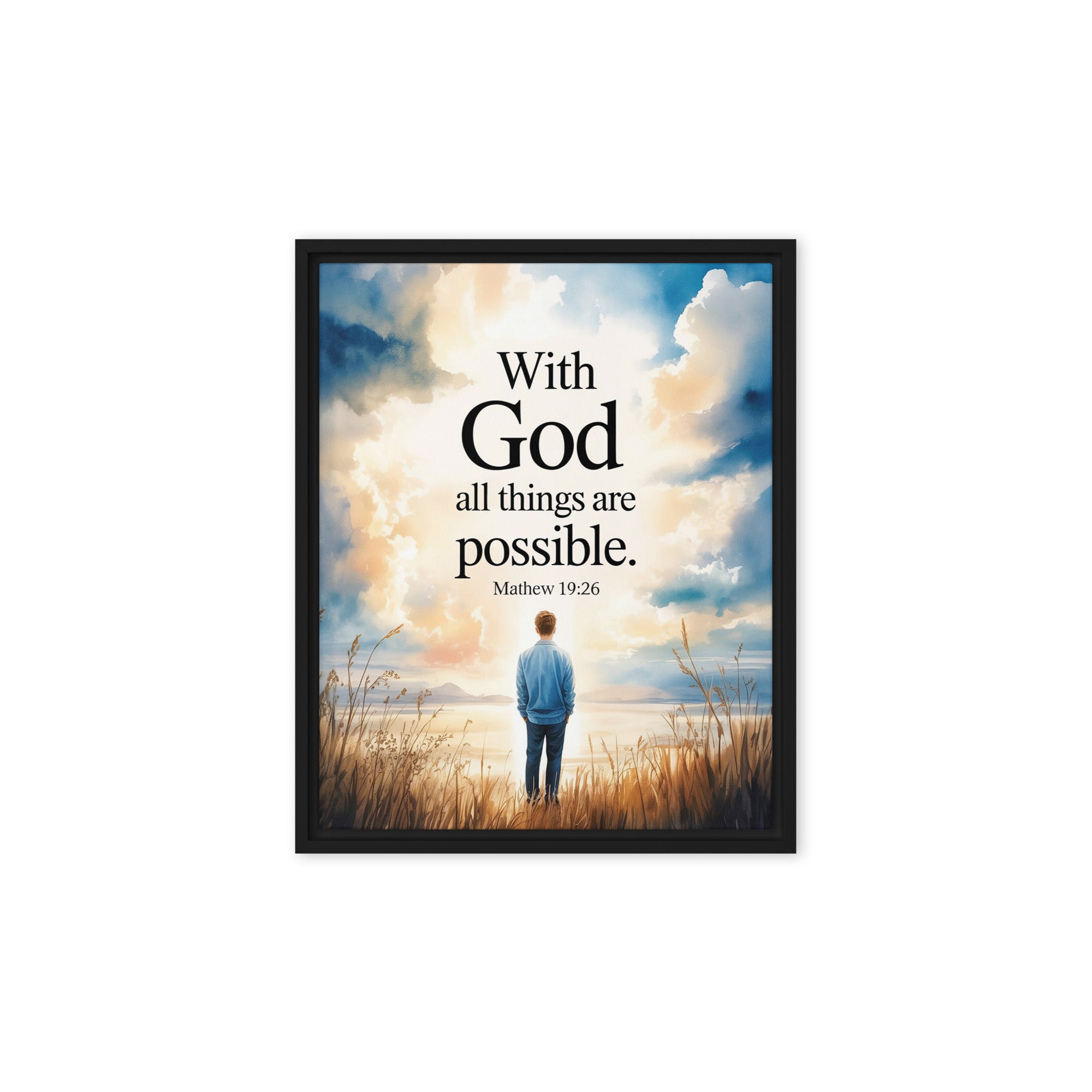 Matthew 19:26 Bible Verse Jesus Framed Canvas Black 8″×10″